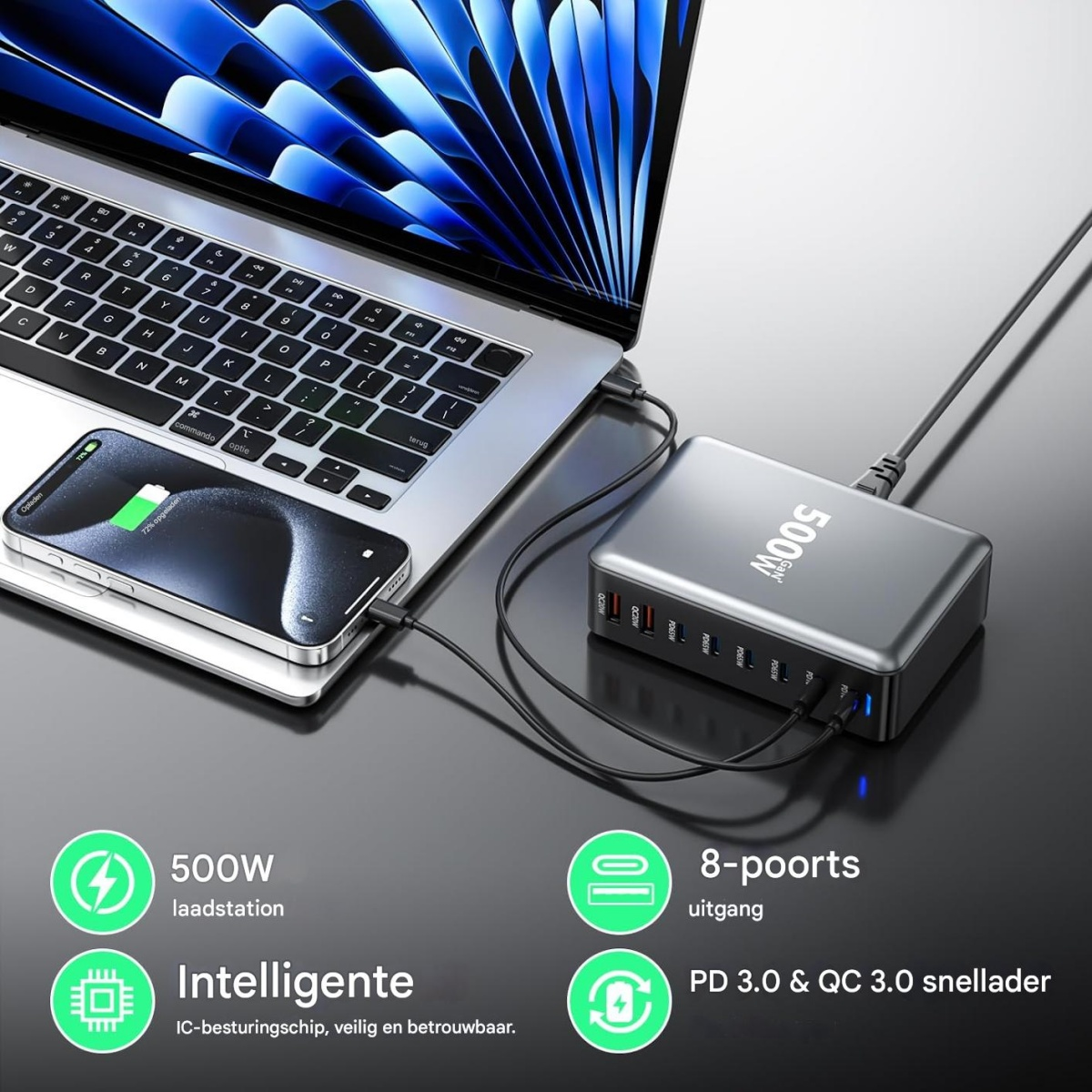 Ein Laptop, Smartphone und eine 500W Ladestation mit mehreren Anschlüssen.