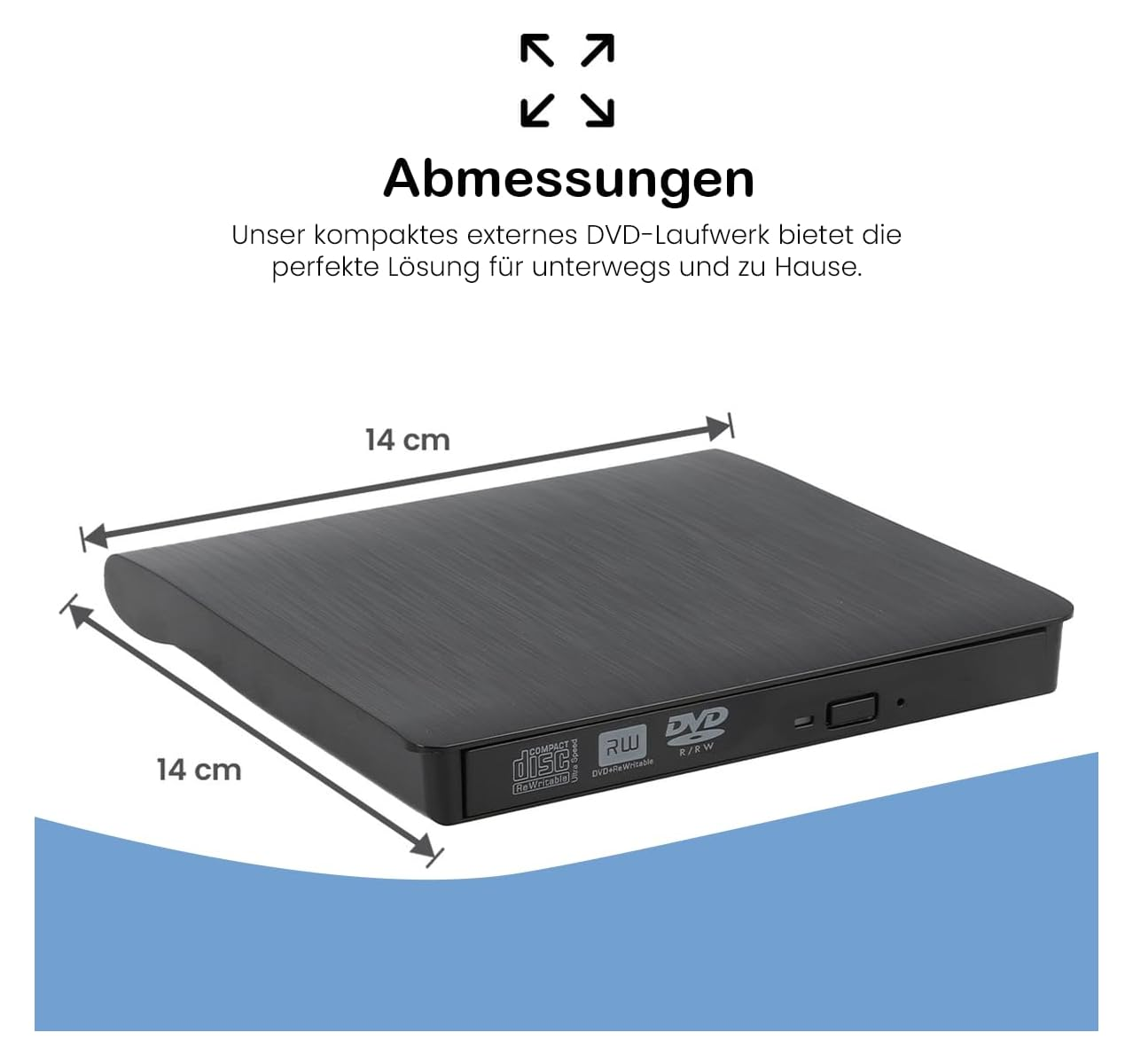 Schwarzes externes DVD-Laufwerk, 14 cm breit und 14 cm tief.