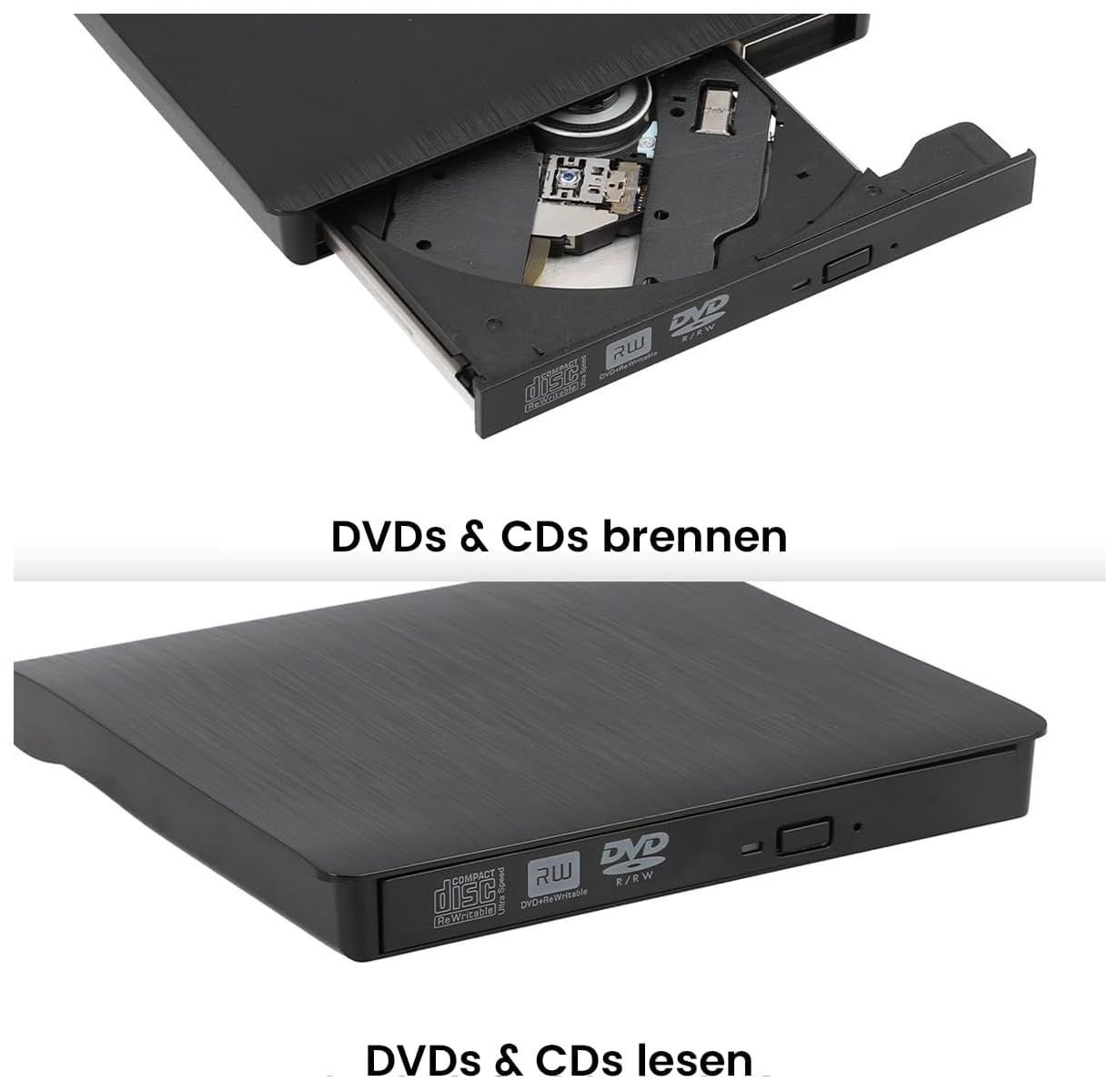Oberes Bild: Ein geöffnetes externes DVD-RW-Laufwerk. Unteres Bild: Geschlossenes Laufwerk.