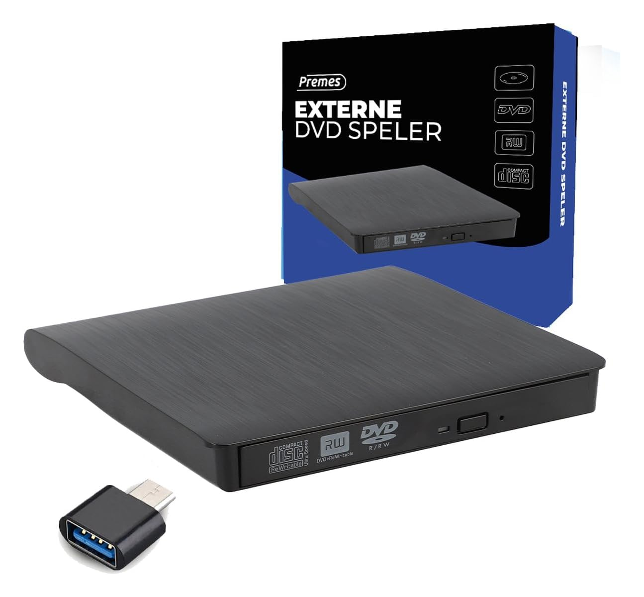 Schwarzer externer DVD-Brenner mit USB-Adapter daneben.