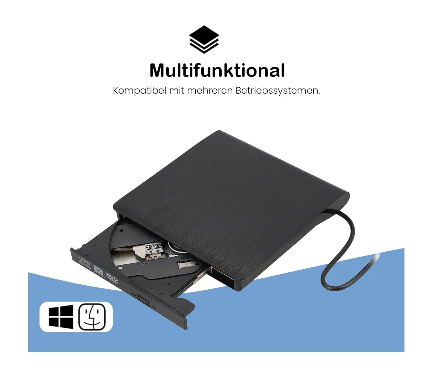Schwarzer externer CD/DVD-Brenner mit geöffnetem Fach und USB-Kabel.