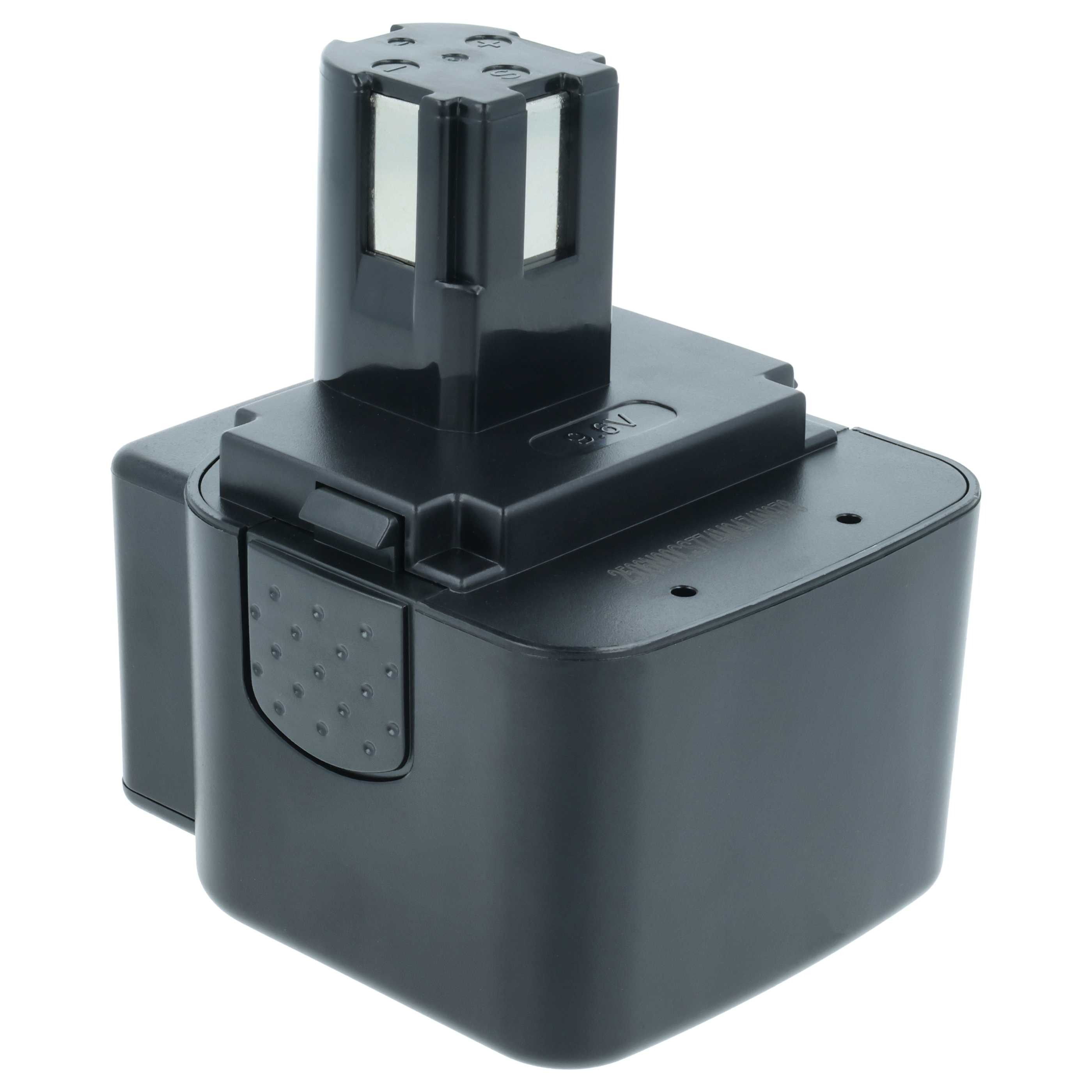 Ein schwarzer Akku mit silbernen Kontakten, 3.6V, auf weißem Hintergrund.