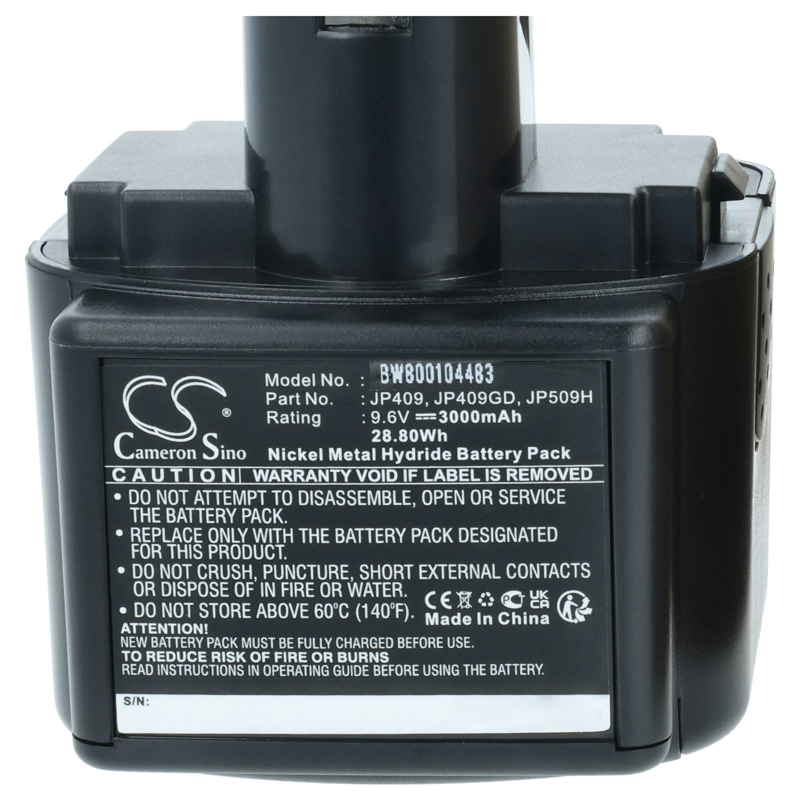 Schwarzer Nickel-Metallhydrid-Akku, 9,6V, 3000mAh, mit Warnhinweisen.
