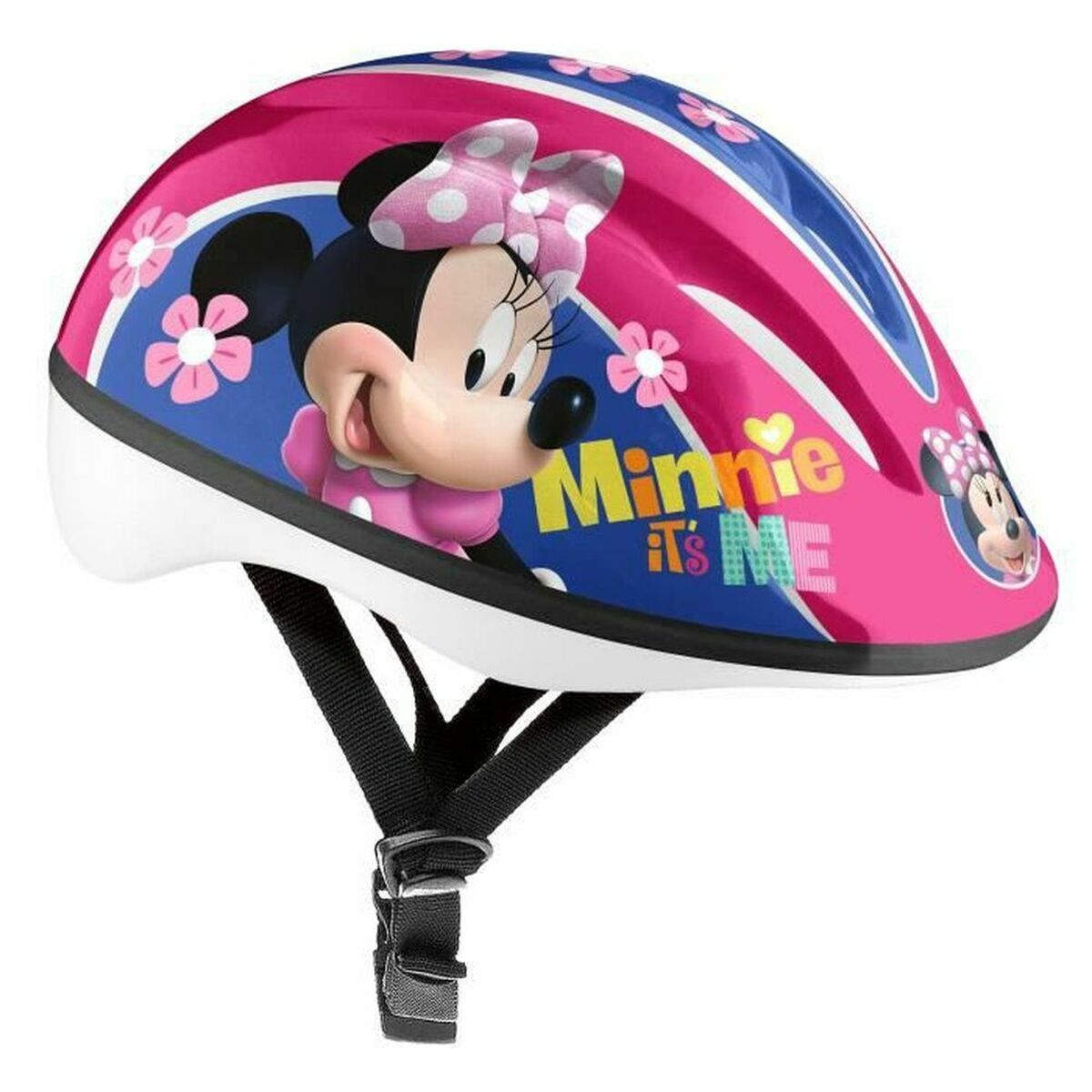 Ein pinkfarbener Helm mit Minnie Maus und der Aufschrift „Minnie it’s ME“.