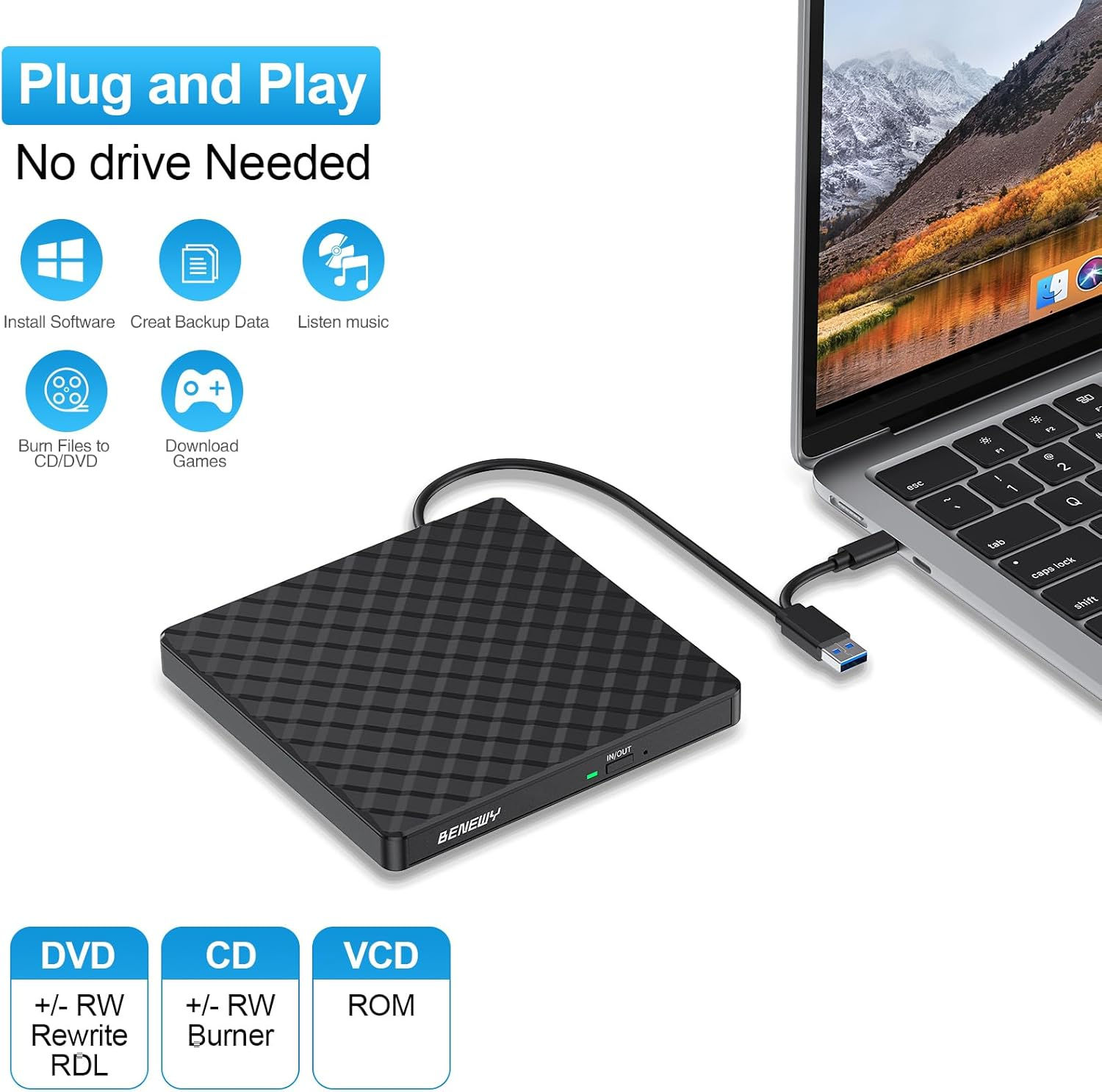 Schwarzes externes DVD-Laufwerk an Laptop angeschlossen. Text hebt Funktionen wie 'Plug and Play' hervor.