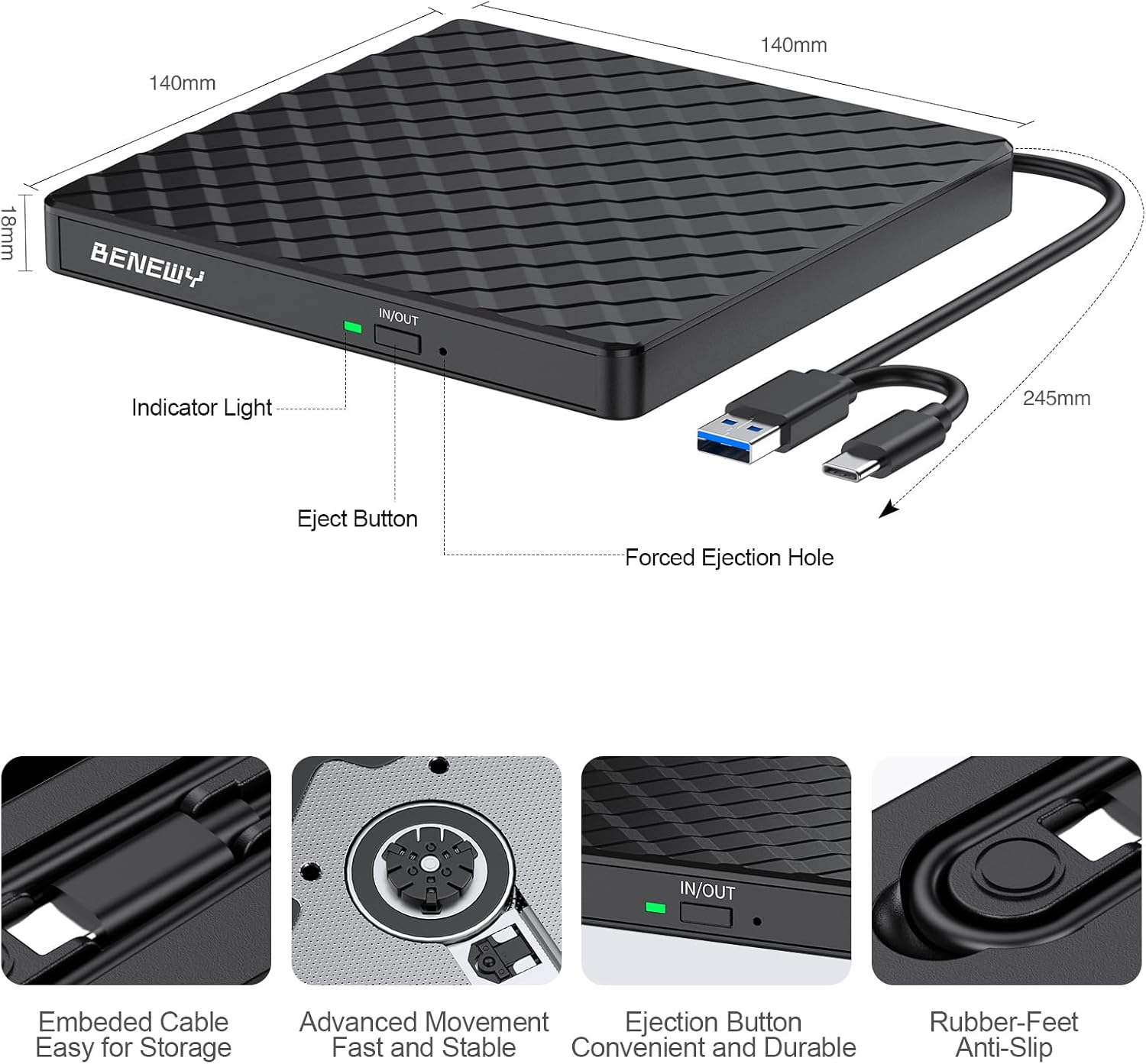 Schwarzes externes Laufwerk mit USB-C-Kabel, mit Beschriftungen für Maße und Funktionen.