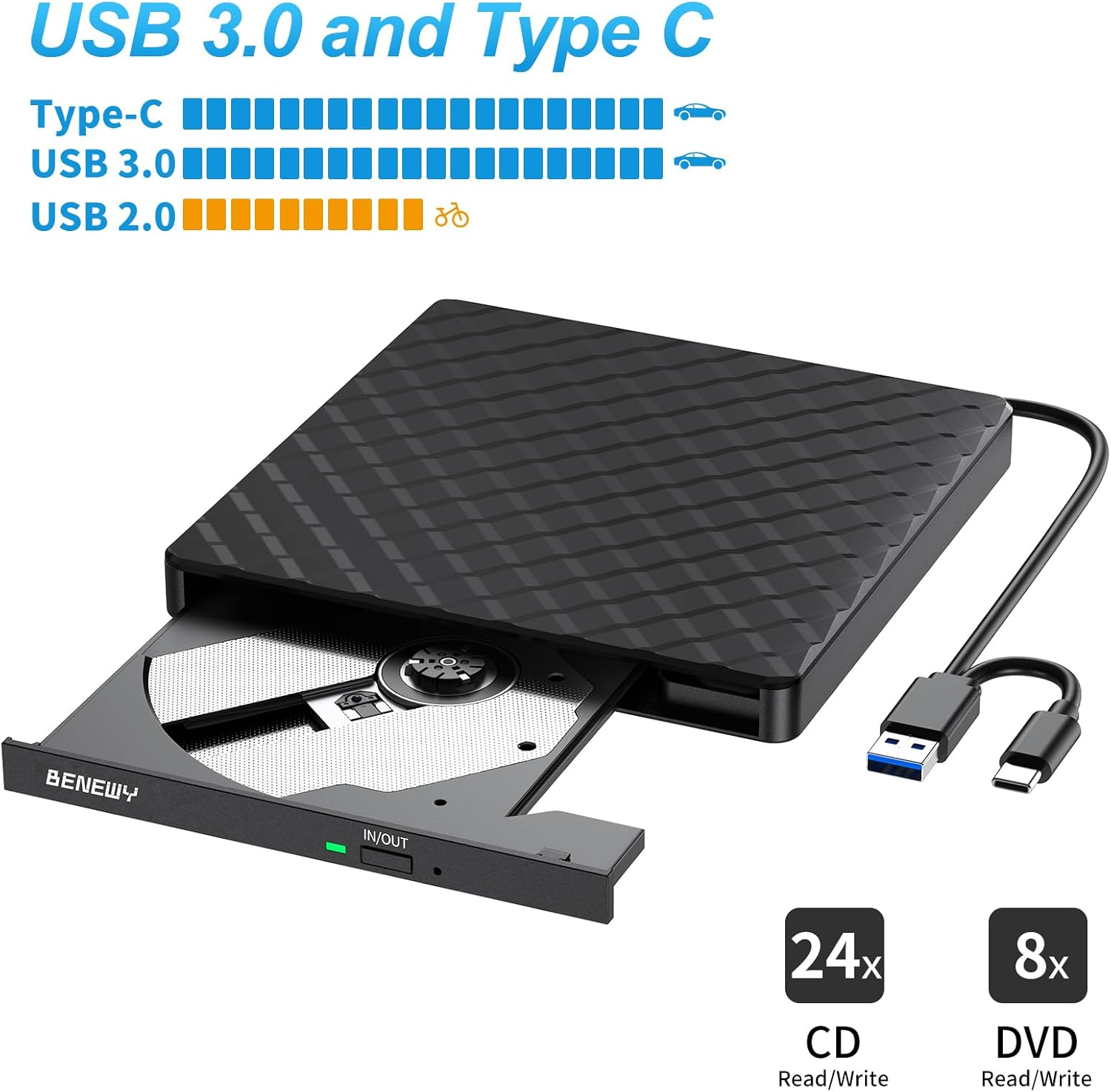 Schwarzes externes CD/DVD-Laufwerk mit geöffnetem Fach, USB-C & USB-A Kabeln, Geschwindigkeitsanzeigen.