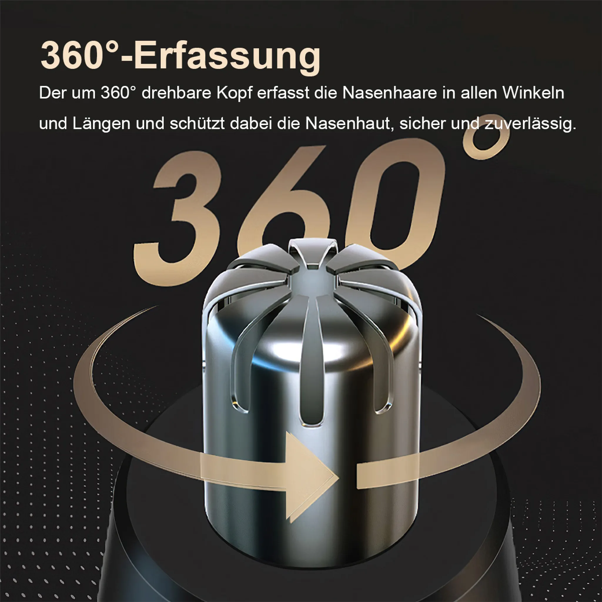 Ein 360°-erfassender Nasenhaartrimmer-Kopf in Nahaufnahme auf schwarzem Hintergrund.