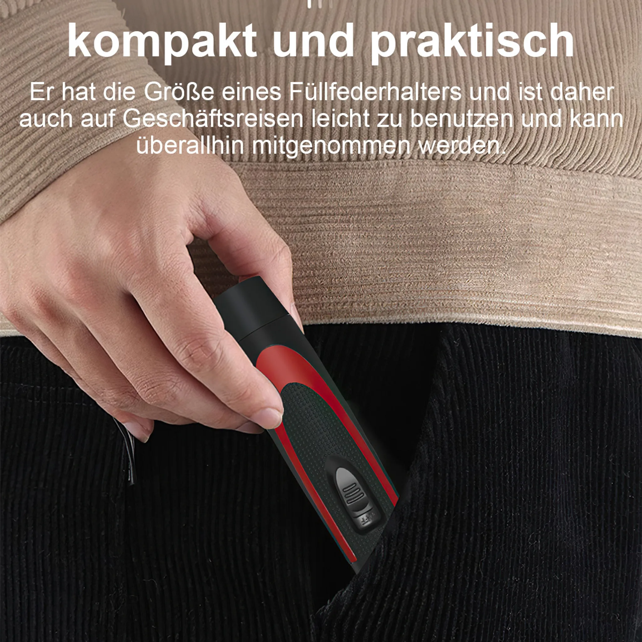 Eine Person steckt ein schwarzes und rotes elektronisches Gerät in eine Tasche.