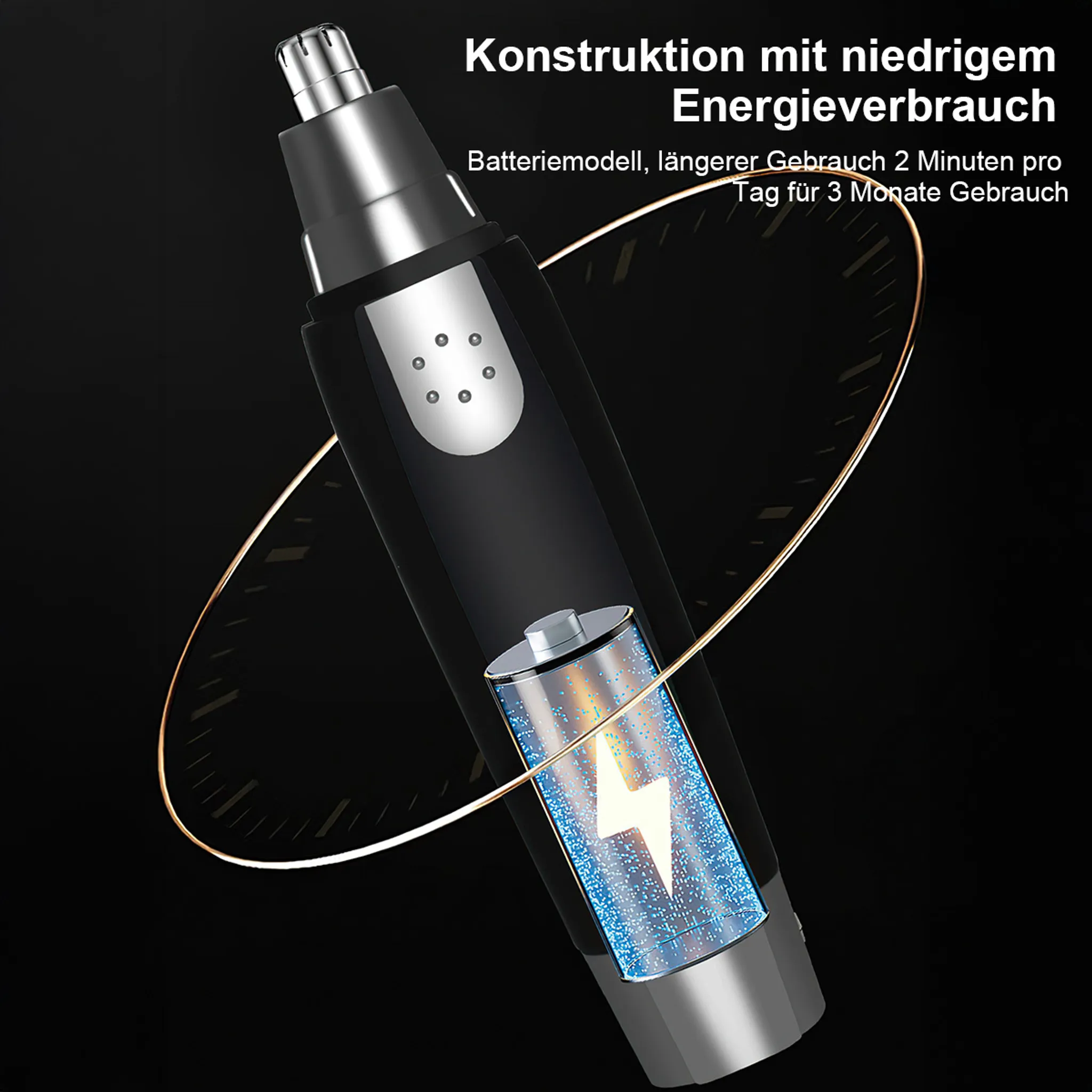 Schwarzer Trimmer mit silbernen Details und leuchtender Batterieanzeige.