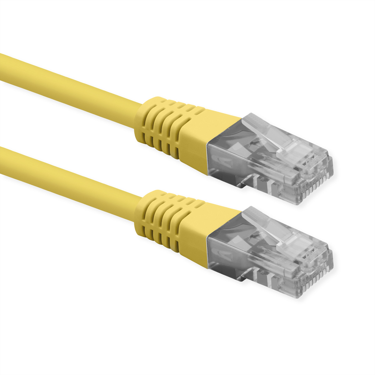Zwei gelbe Netzwerkkabel mit transparenten Steckern auf weißem Hintergrund.