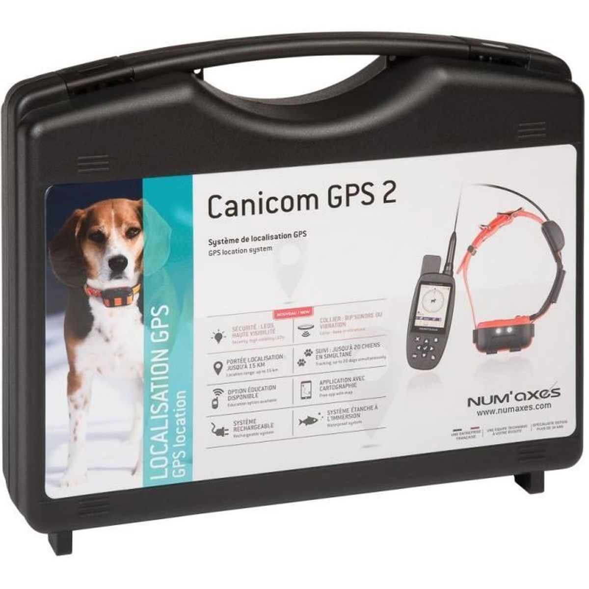 Schwarzer Koffer mit Canicom GPS 2 Hundetracker-Set: Halsband, Sender, Hund.