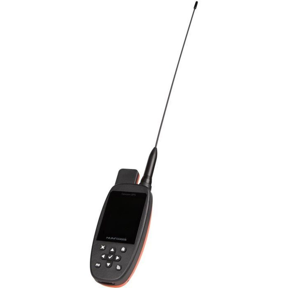Ein schwarzes und orangefarbenes GPS-Gerät mit Antenne, isoliert auf weißem Hintergrund.