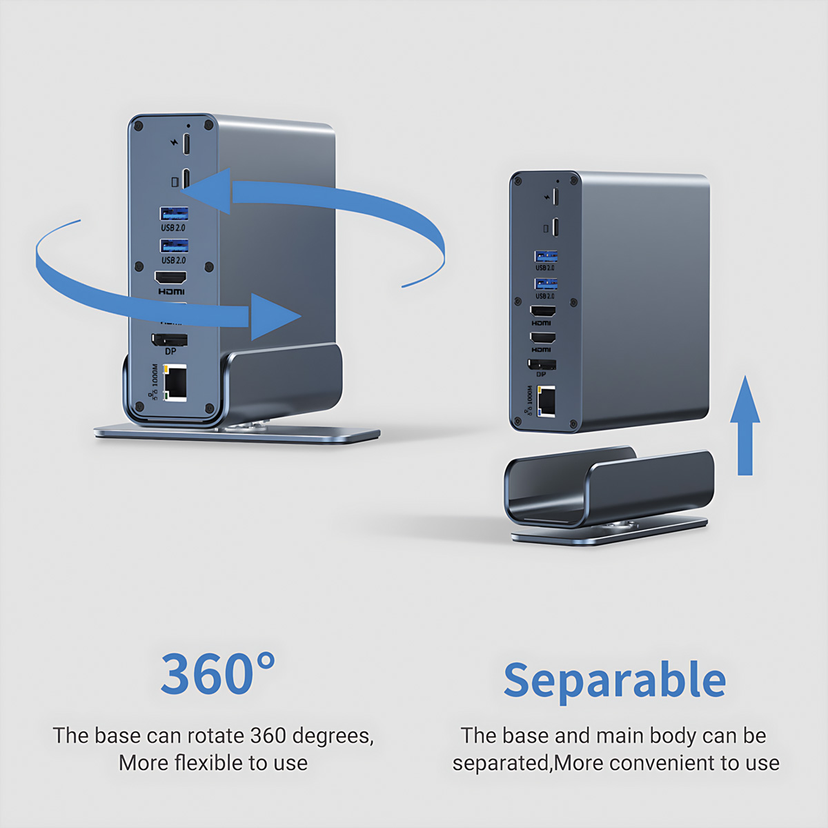 Grauer USB-C-Hub mit Anschlüssen, die auf beiden Seiten gezeigt werden.