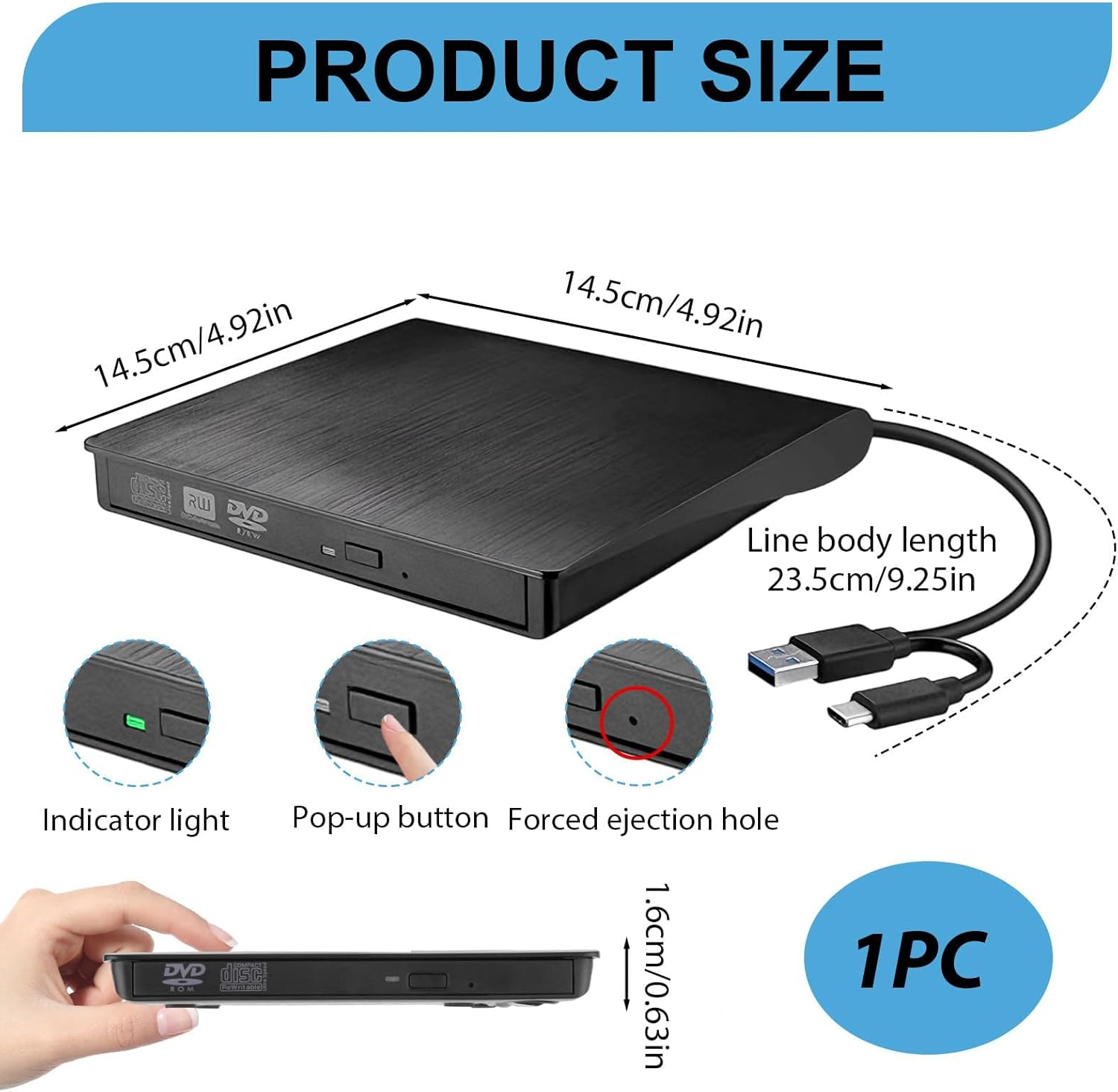 Schwarzer externer DVD-Brenner mit USB-Anschluss und Maßen.