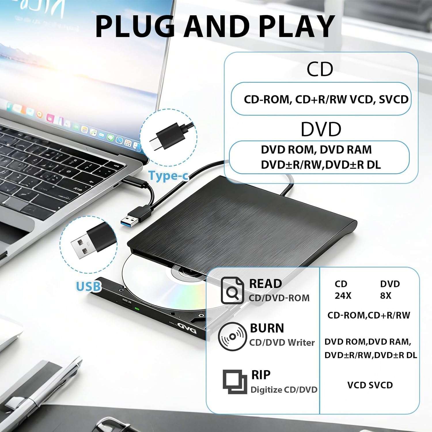Ein tragbares CD/DVD-Laufwerk ist über USB an einen Laptop angeschlossen.