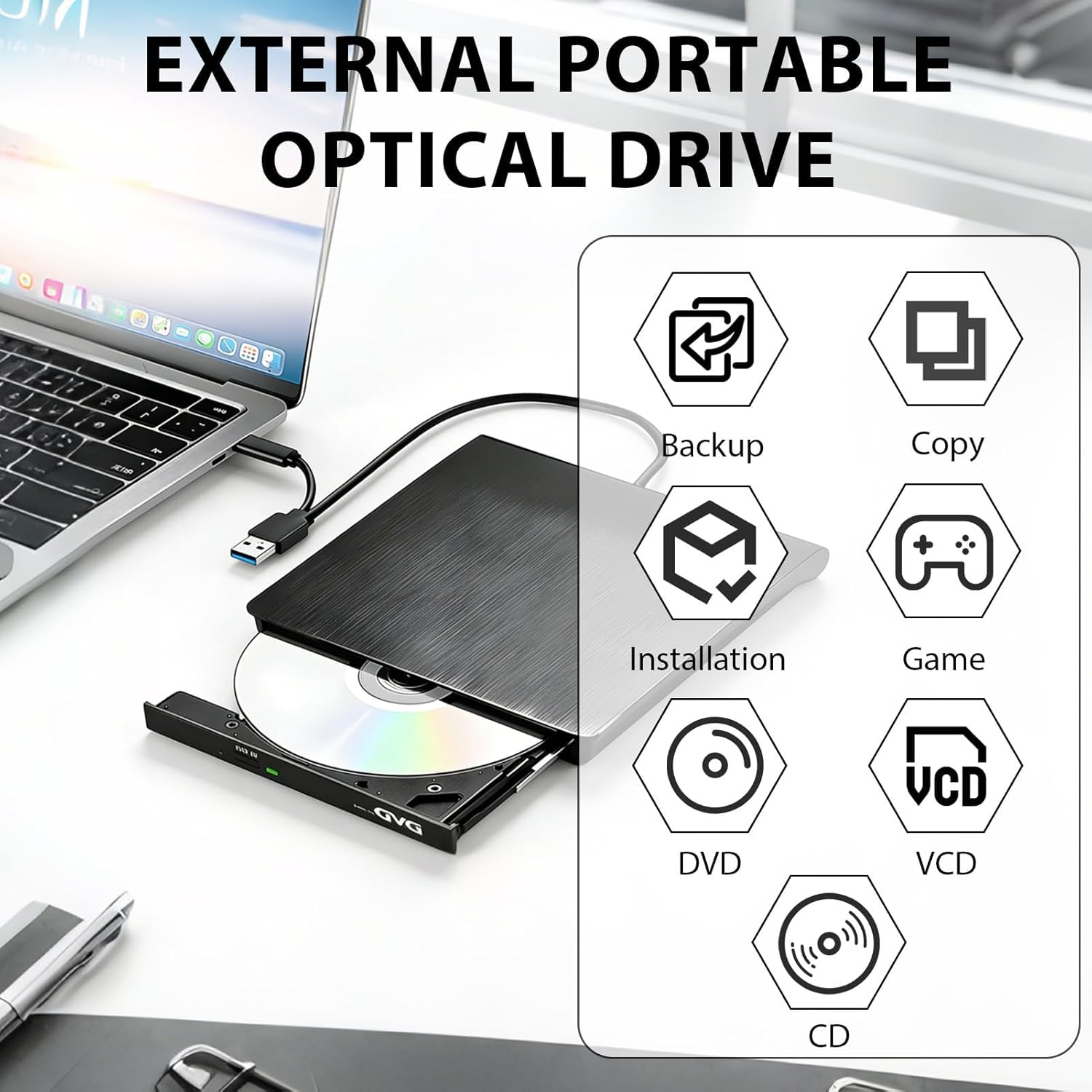 Externes optisches Laufwerk mit Laptop und Disc-Symbolen: Backup, Kopieren, Installation, Spiel, DVD, VCD, CD.