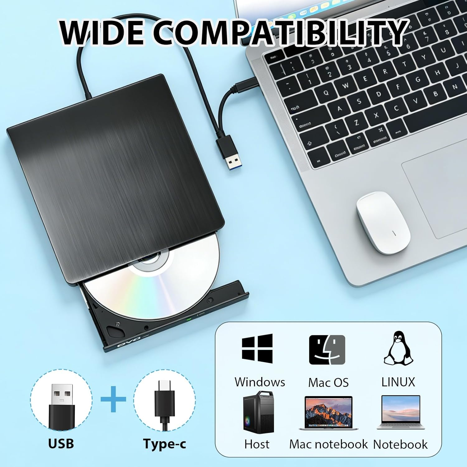 Externes Laufwerk mit CD und Laptop, zeigt USB- und Typ-C-Anschlüsse an.