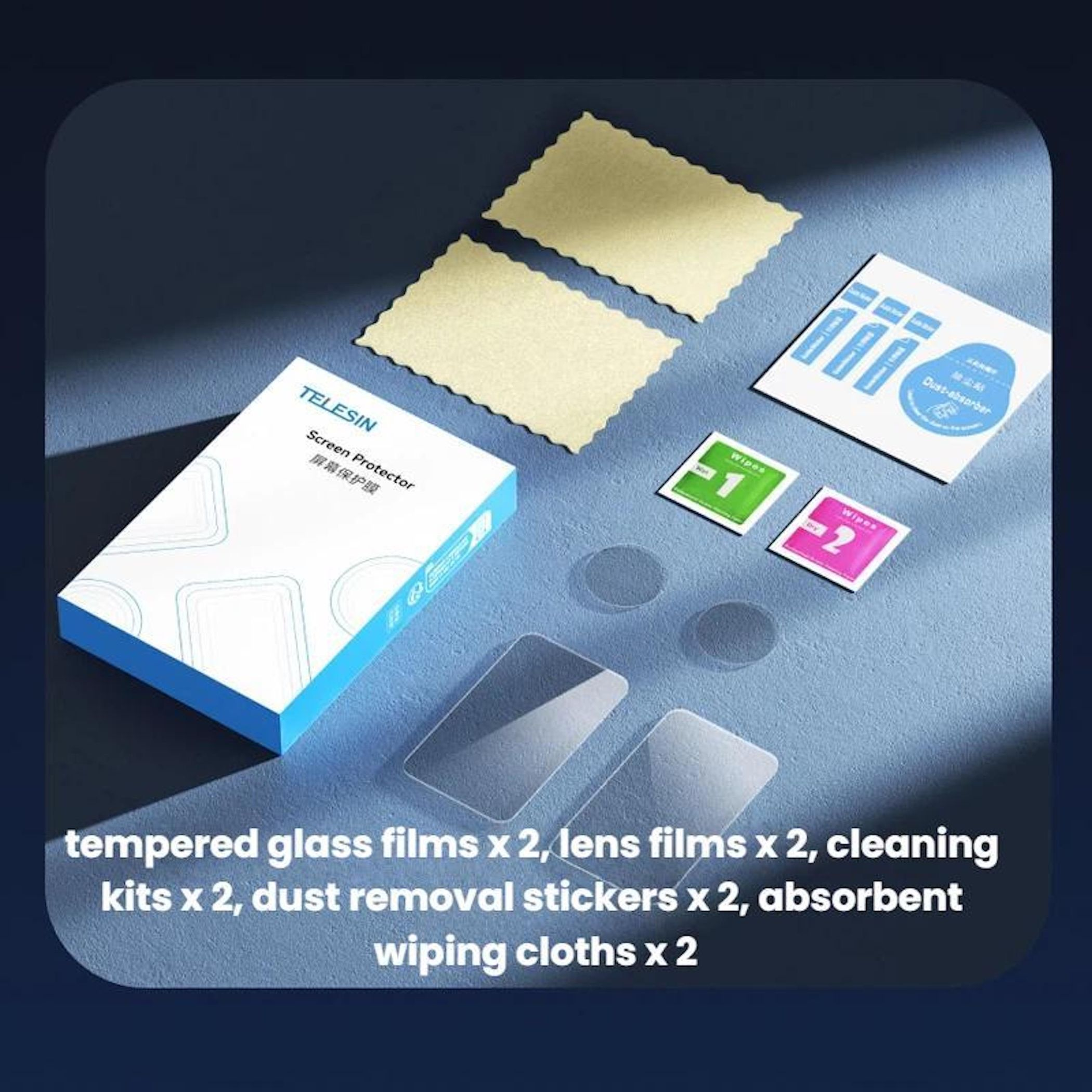 Displayschutz-Kit mit Folien, Tüchern und Staubentferner auf blauer Oberfläche.