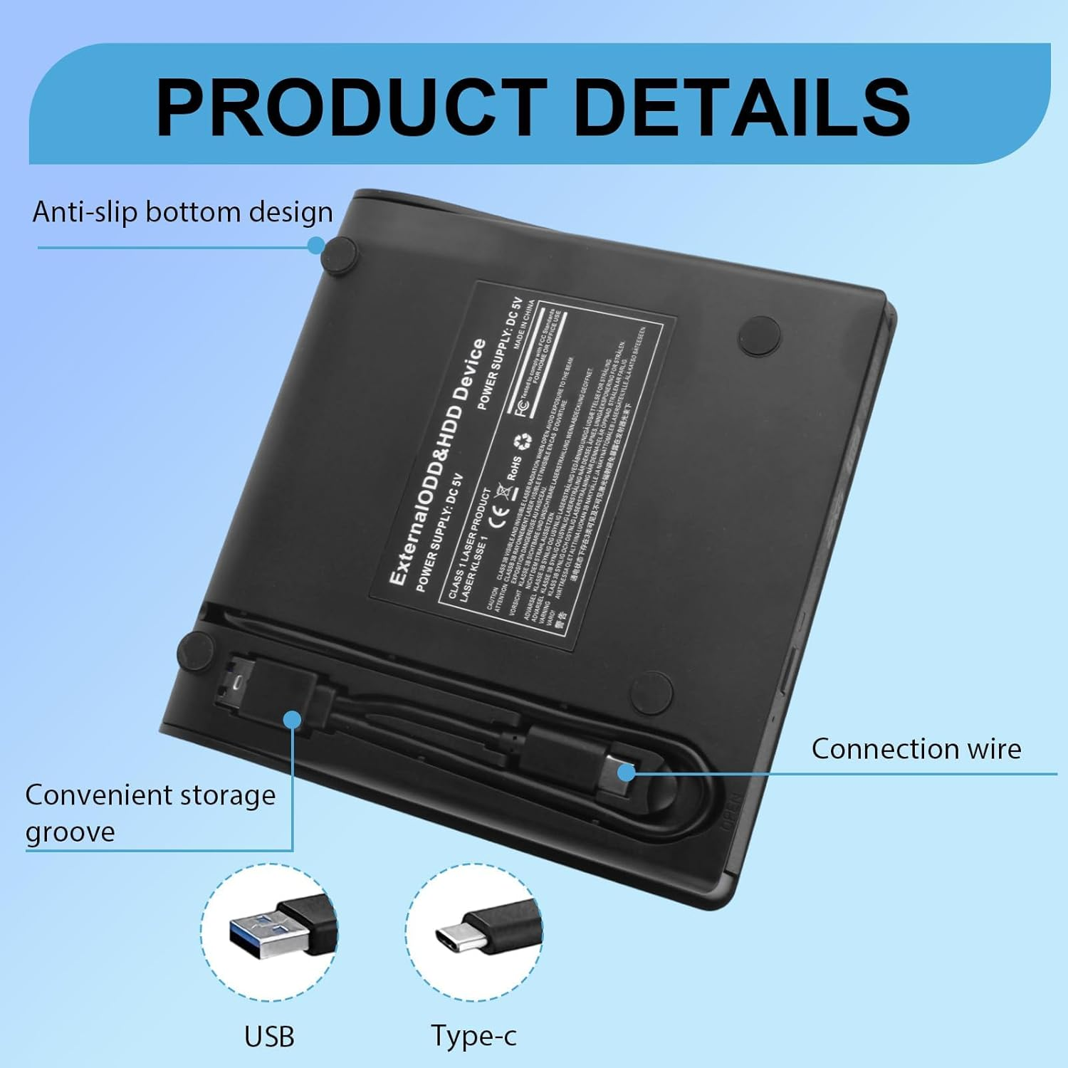 Unterseite eines externen ODD/HDD-Gehäuses mit Anschlüssen und Kabeln.