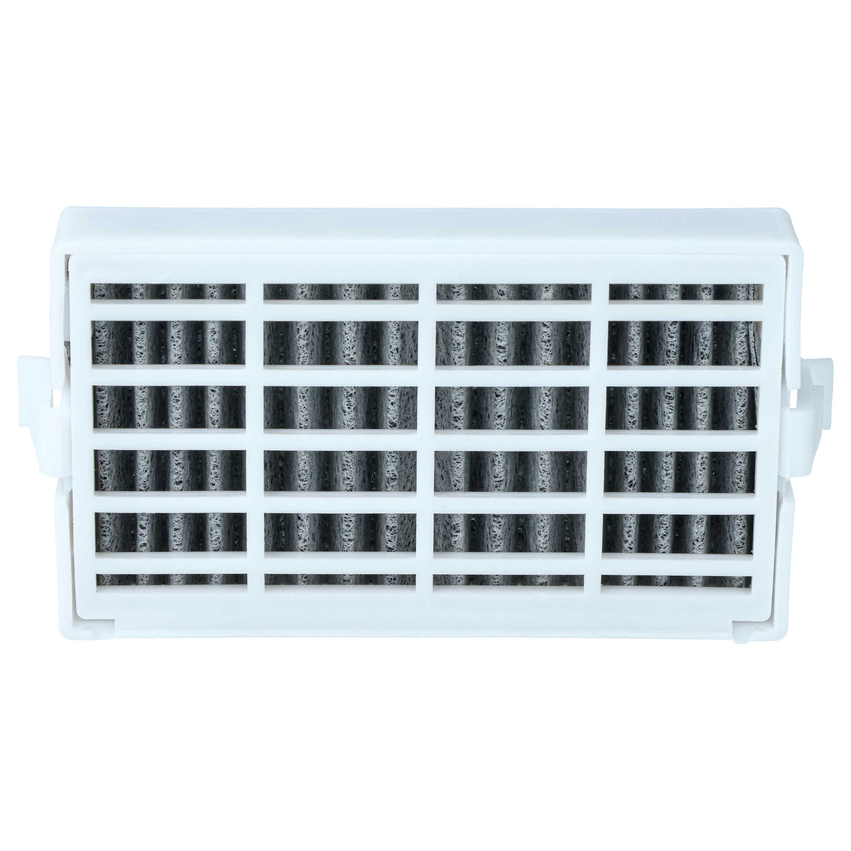 Ein weißer Luftfilter mit sichtbaren grauen Filterelementen hinter weißen Lamellen.