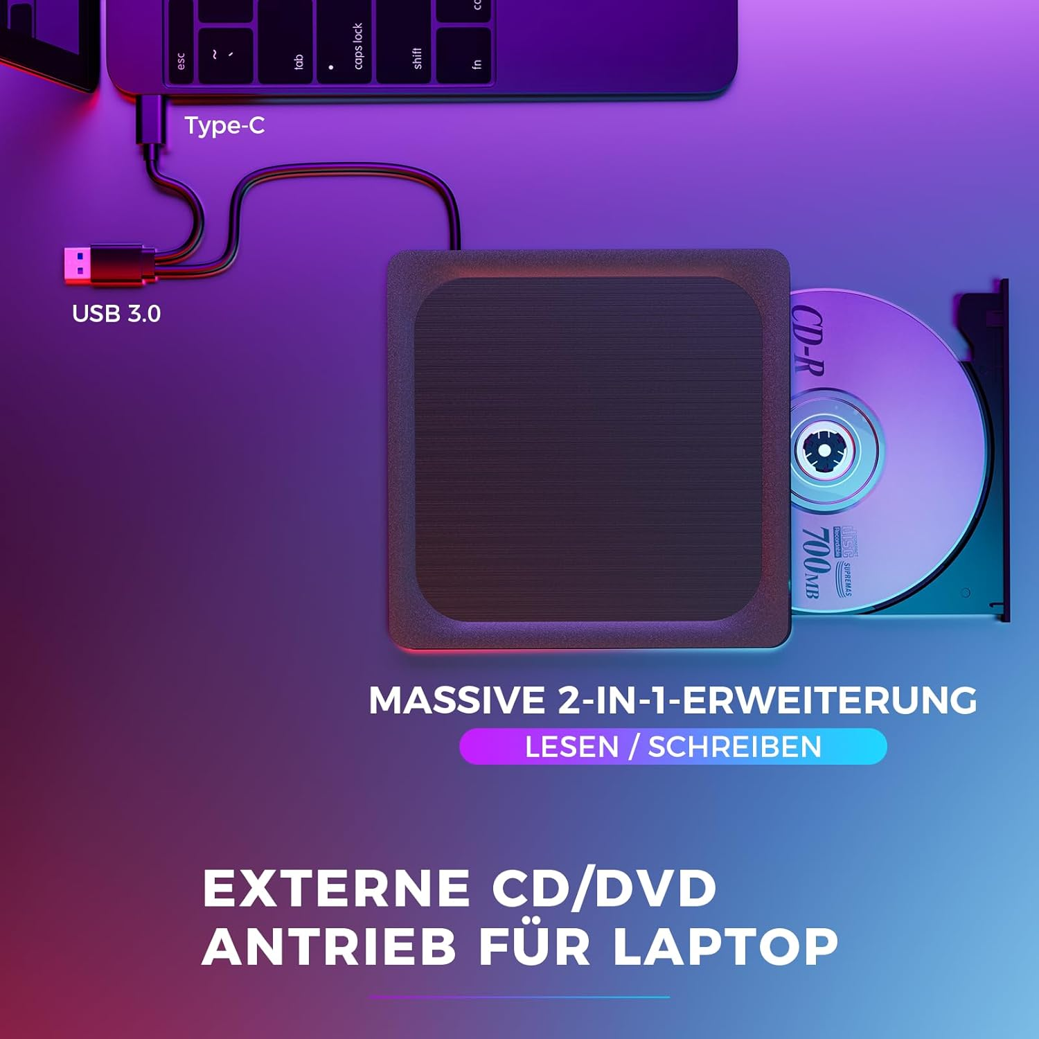 Ein externes CD/DVD-Laufwerk für Laptops mit USB 3.0 und Typ-C-Anschluss.