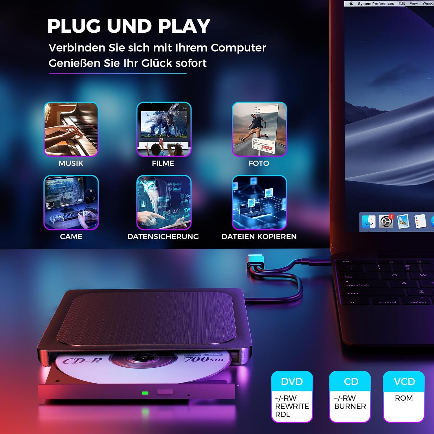 CD-Brenner mit Laptop verbunden, zeigt Musik, Filme, Fotos, Spiele, Backup, Kopieren.