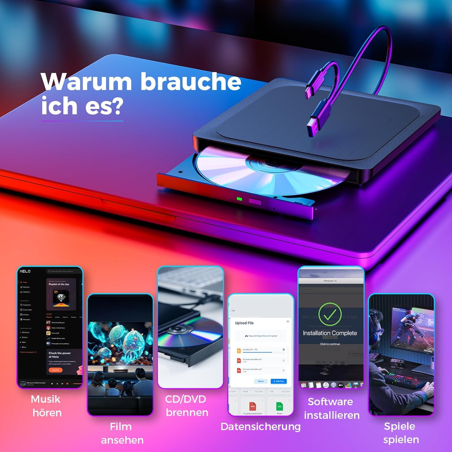 Ein externer CD/DVD-Brenner mit USB-C-Kabel neben Smartphones, die Musik, Filme, Datensicherung & Spiele zeigen.