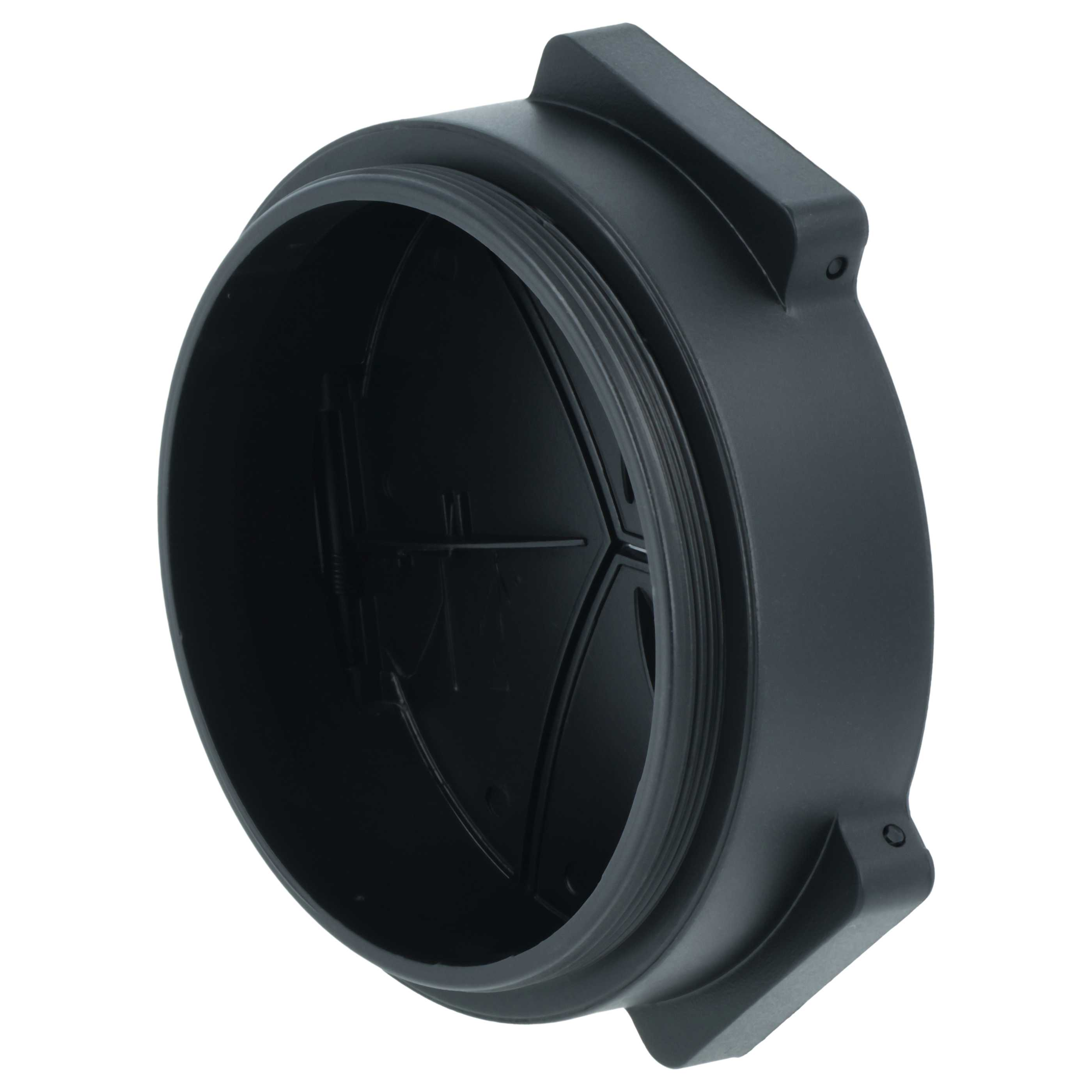 Ein schwarzer, runder Adapter mit Gewinde und einem überstehenden Griff.