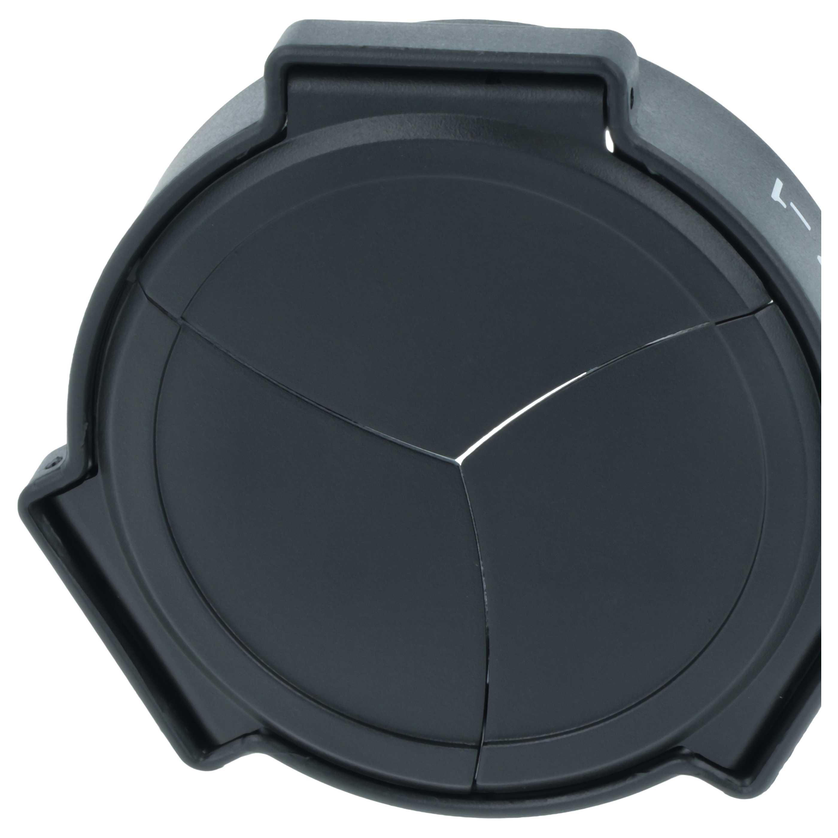 Schwarzer Objektivdeckel mit drei Segmenten und einem weißen Logo.