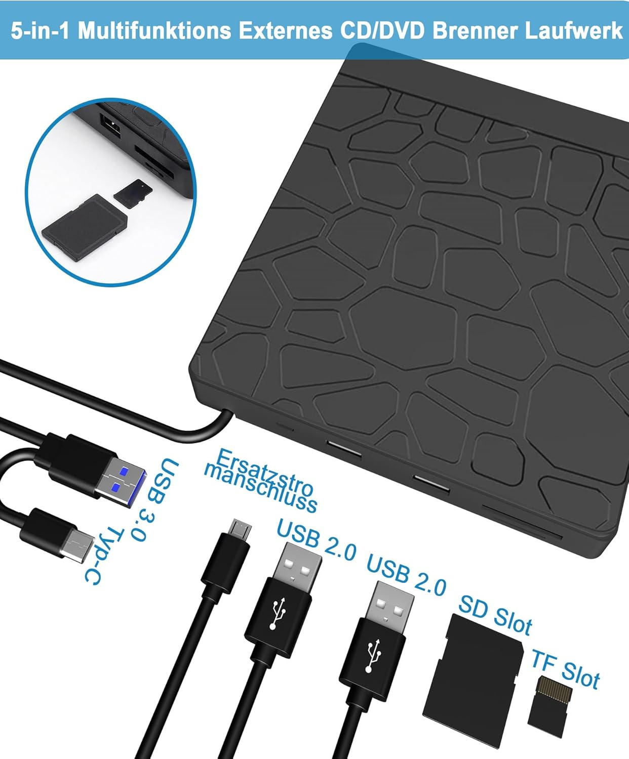 Schwarzes externes CD/DVD-Laufwerk mit USB-C, USB 3.0, USB 2.0, SD- und TF-Steckplätzen.