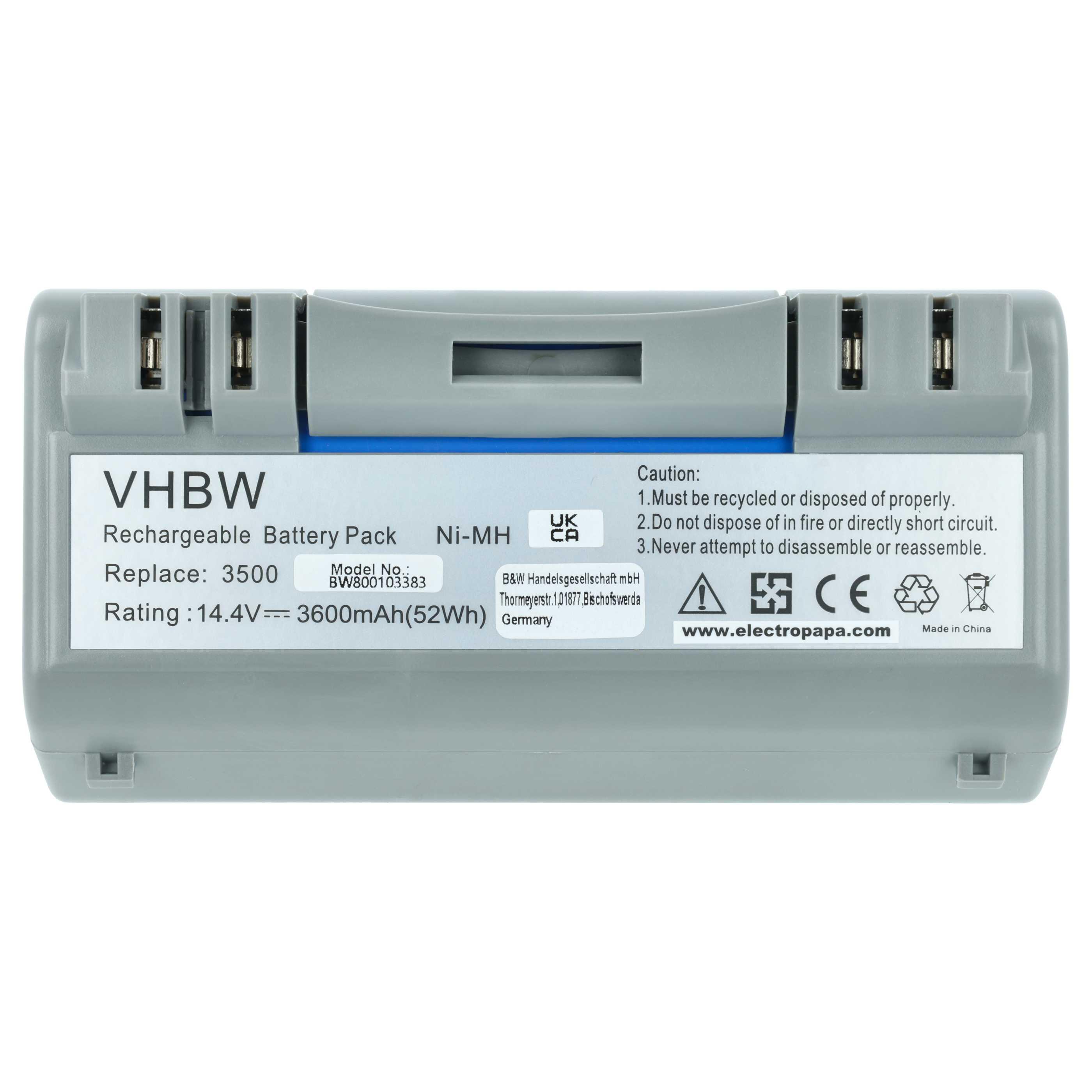 Grauer VHBW Akku, 14,4V, 3600mAh, Ni-MH, mit Warnhinweisen.