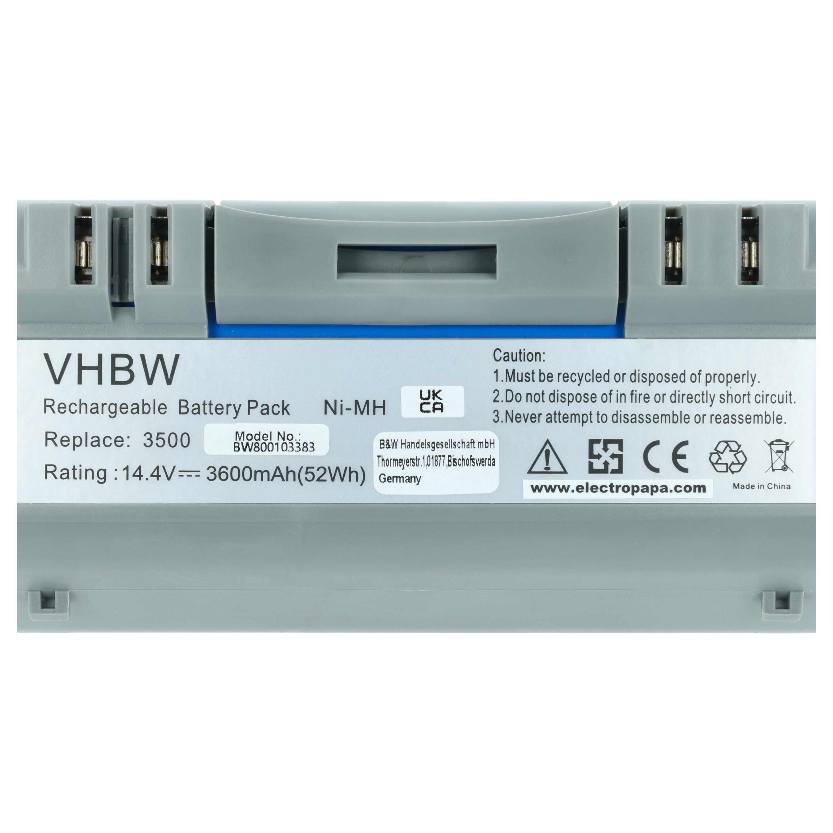 VHBW Ni-MH Akku, 14,4V, 3600mAh. Enthält Warnhinweise und Herstellerspezifikationen.
