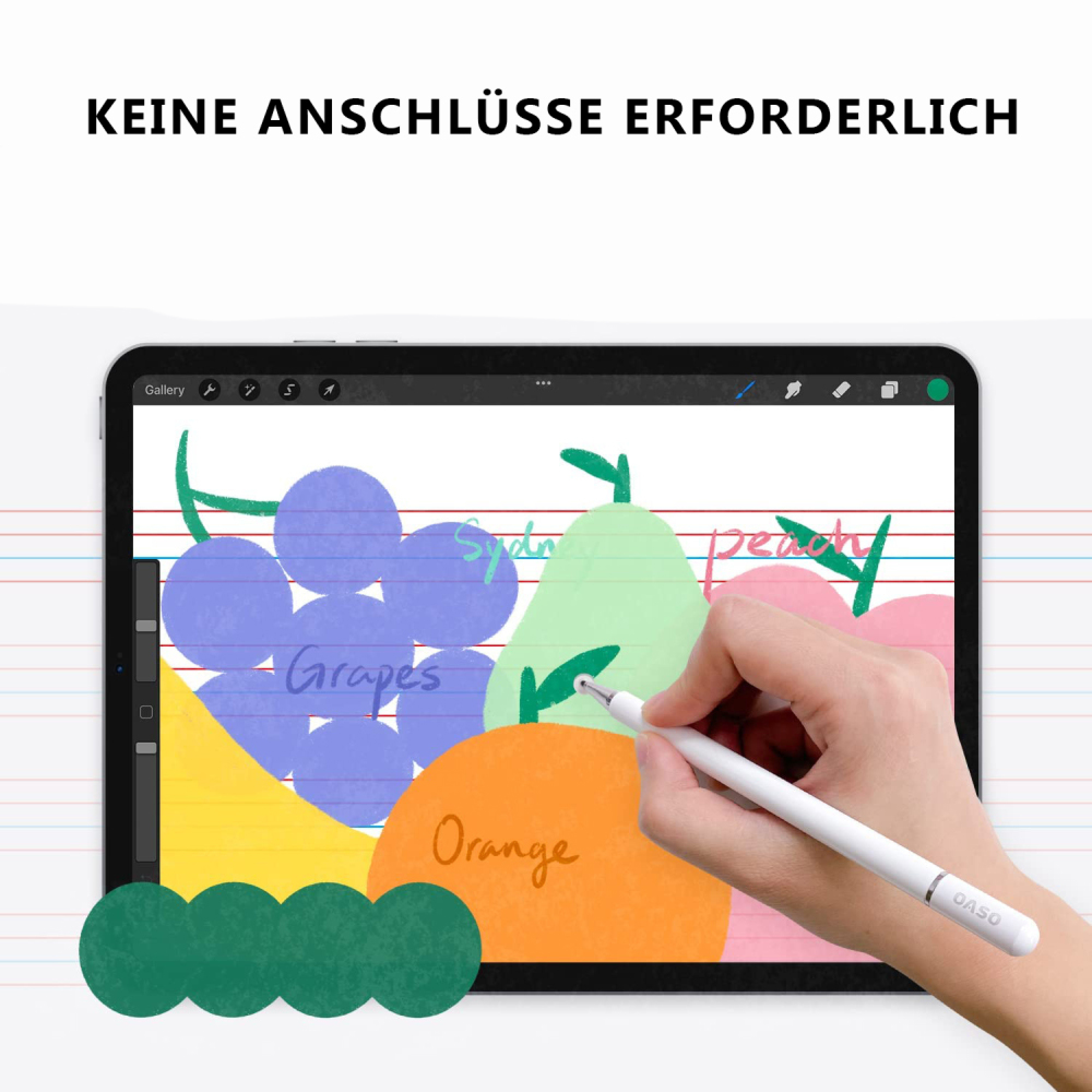 Tablett-Bildschirm zeigt bunte Fruchtzeichnungen: Trauben, Birne, Pfirsich, Orange. Hand hält Stift.