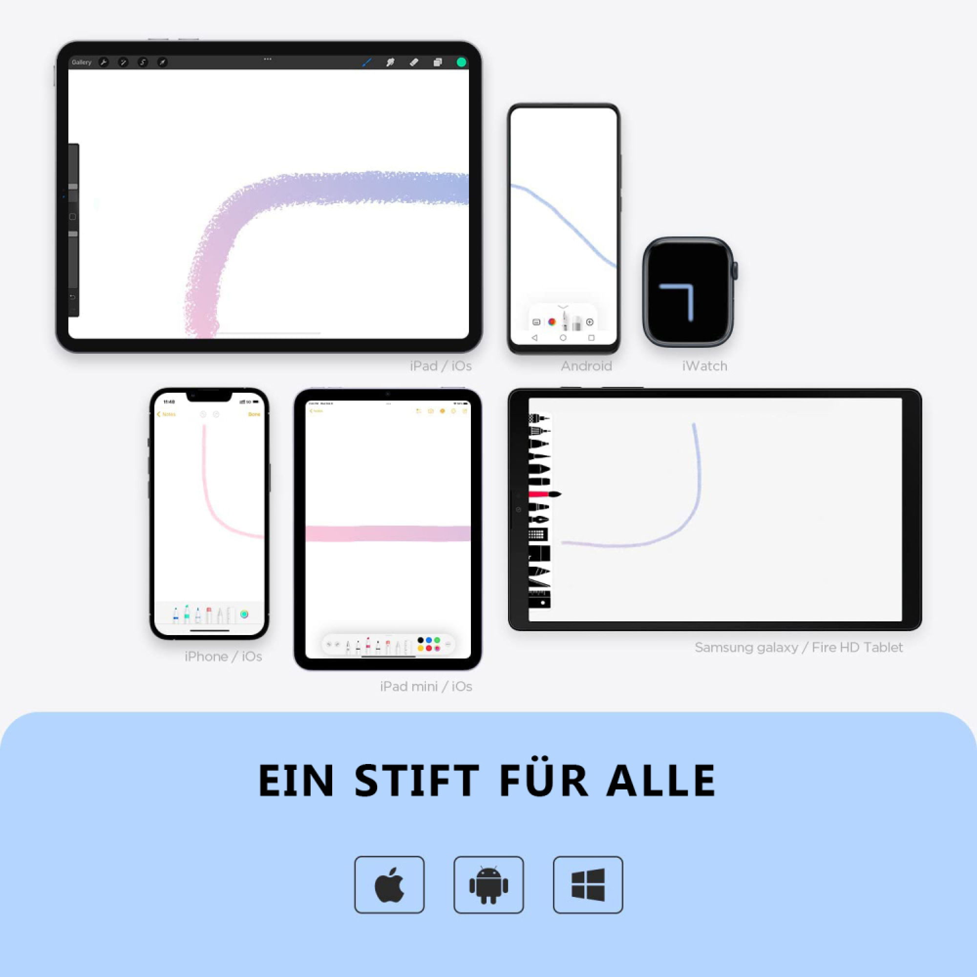 Mehrere Geräte zeigen digitale Striche in verschiedenen Farben und Formen.
