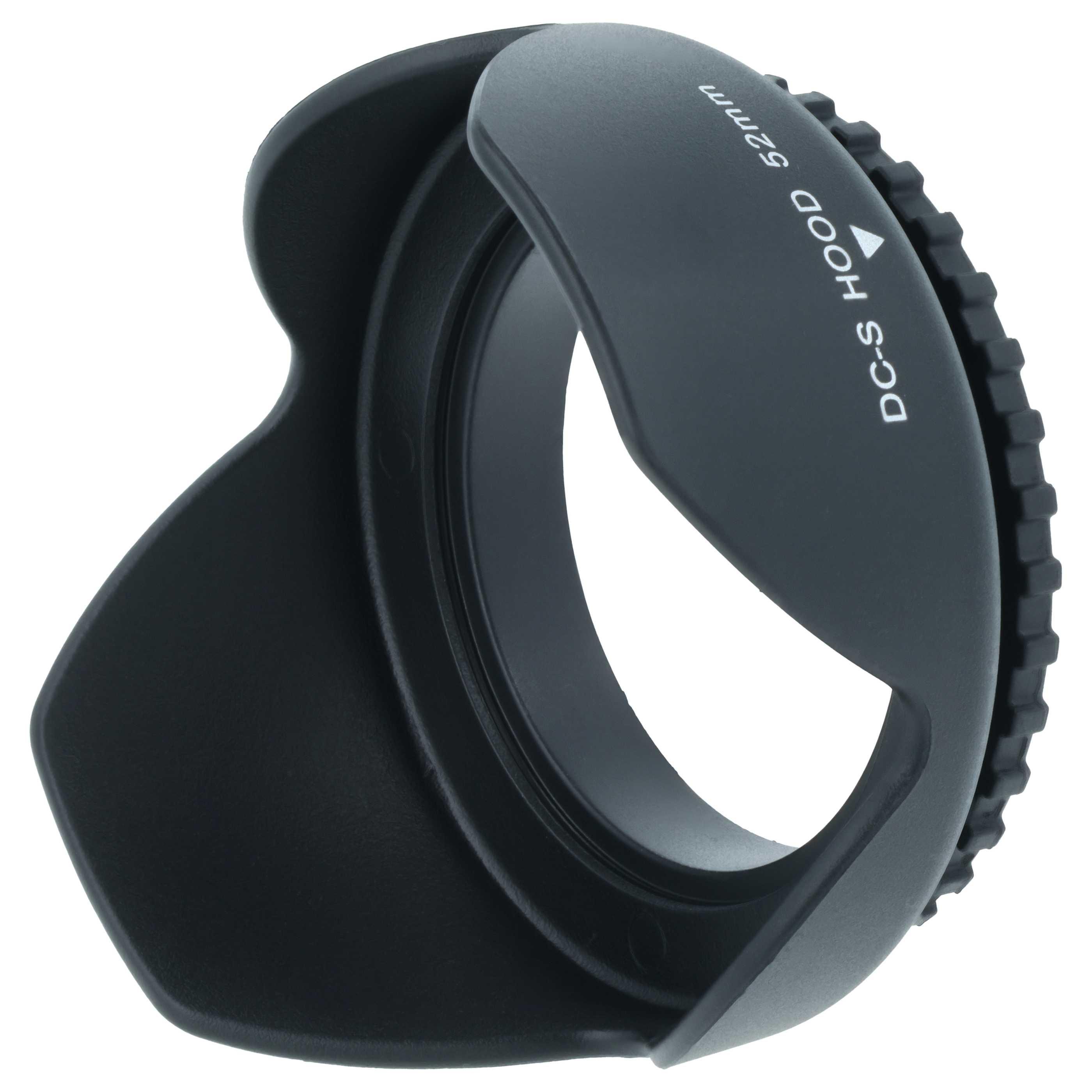 Schwarze DC-S HOOD 52mm Gegenlichtblende für Objektive, auf weißem Hintergrund.