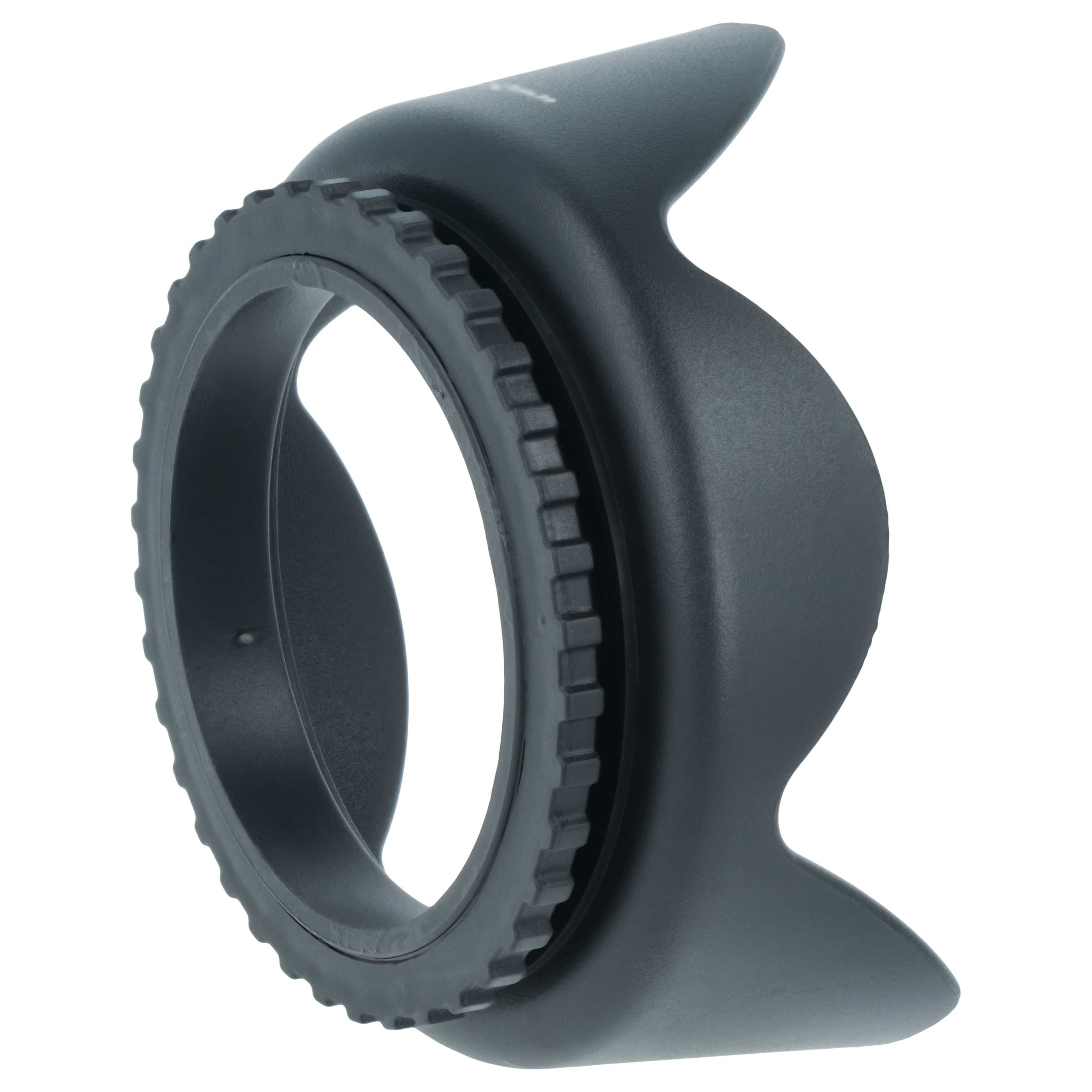 Ein schwarzer, geformter Objektivschutz mit gerändeltem Ring auf weißem Hintergrund.