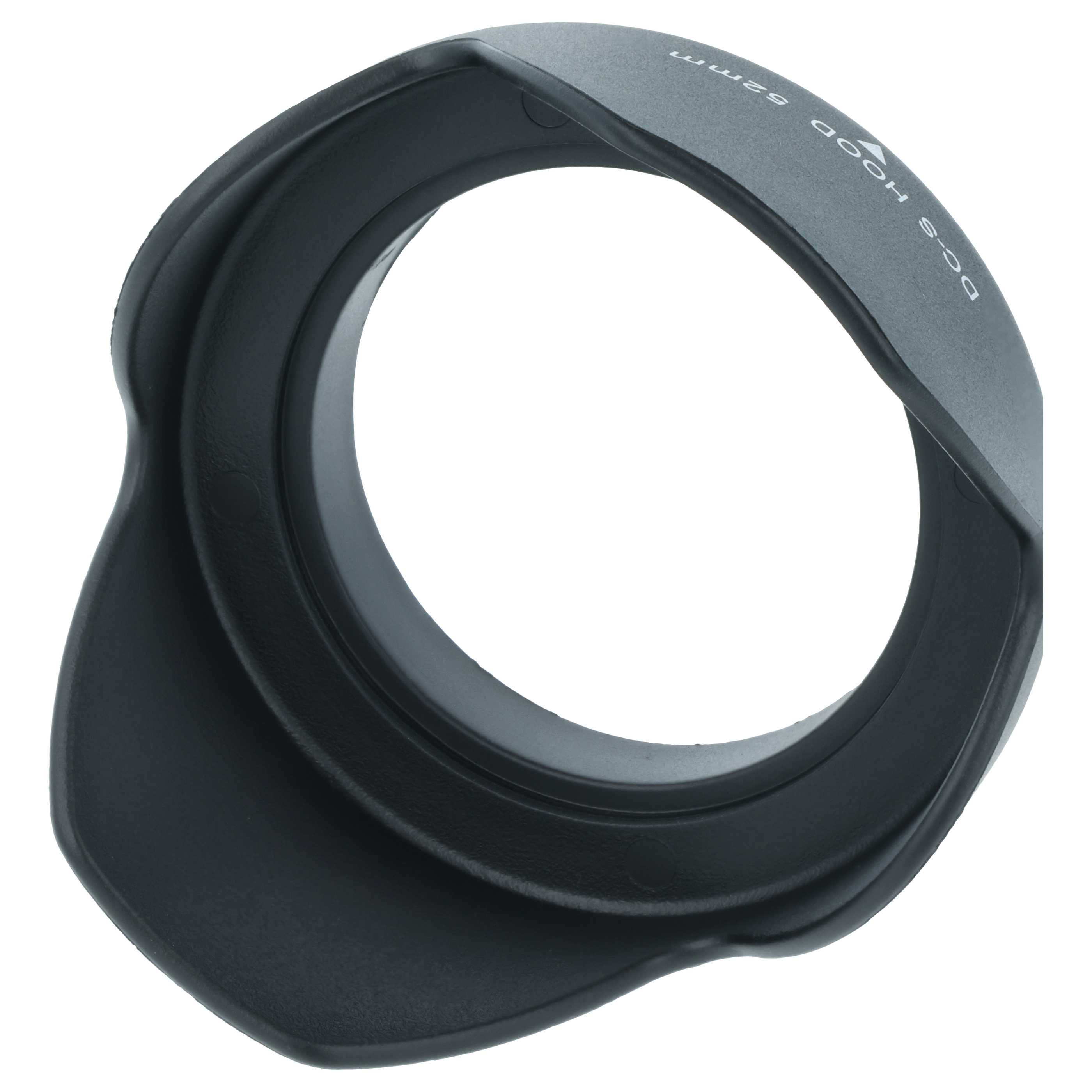 Schwarze Gegenlichtblende mit 52mm Kennzeichnung, Schrägansicht.
