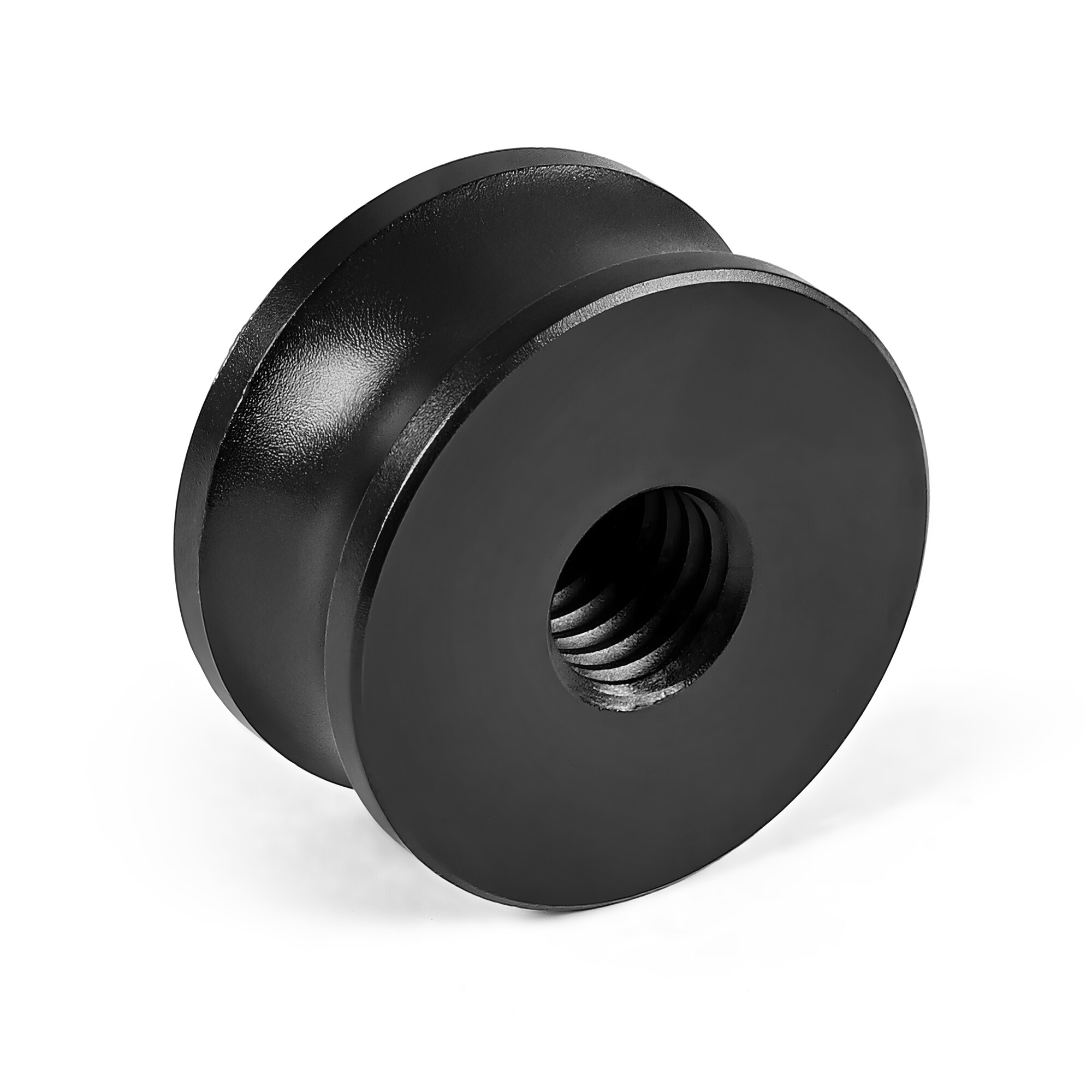 Ein schwarzes, gerändeltes Bauteil mit Innengewinde.