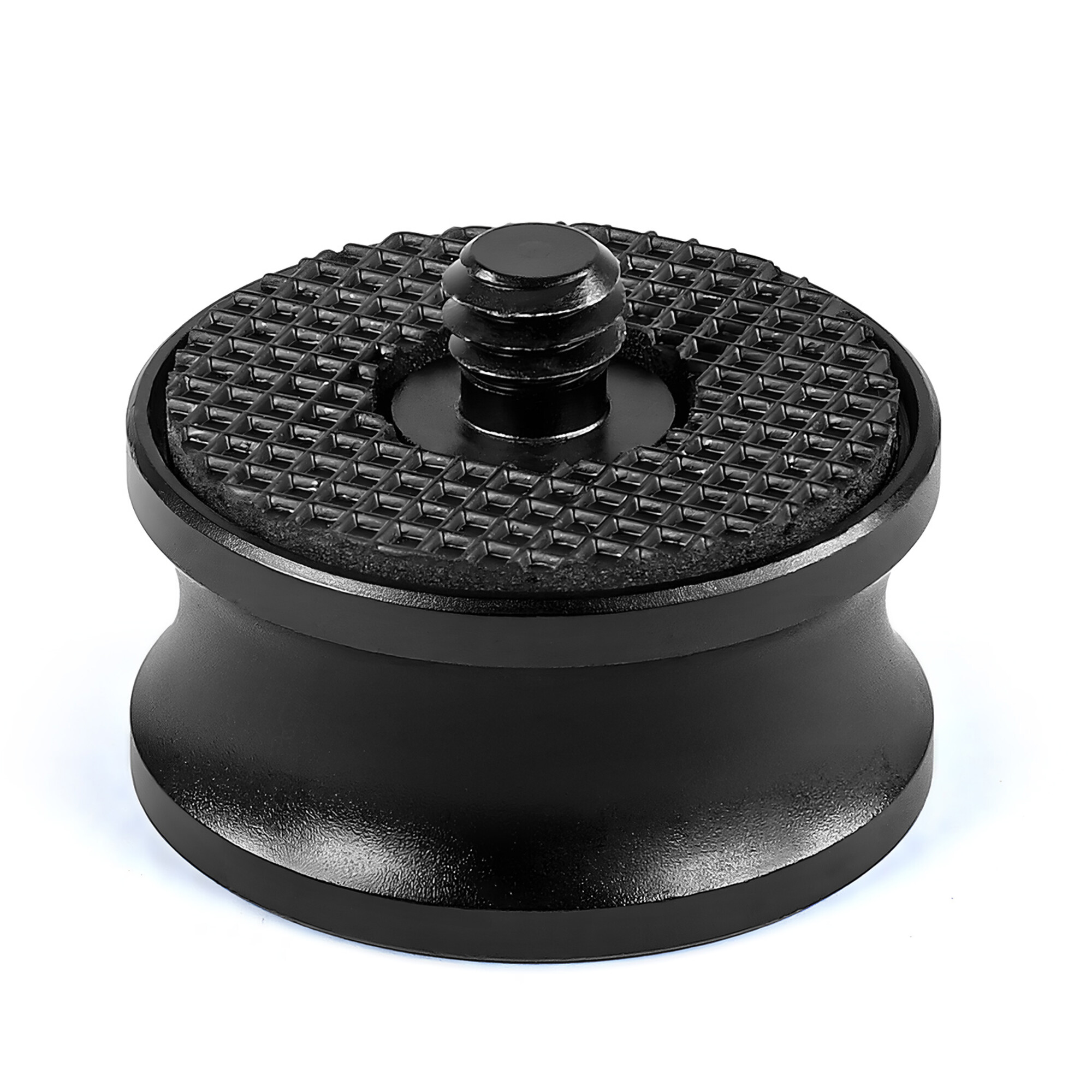 Ein schwarzer, runder Kamerastativadapter mit gerändelter Oberfläche und Schraube.