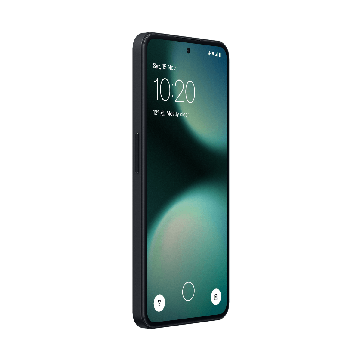Uno smartphone scuro con sfondo scuro e cerchi luminosi.