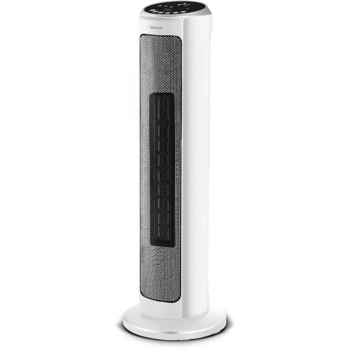 Ein weißer Turmventilator mit schwarzem Lüftungsgitter und Bedienfeld oben.