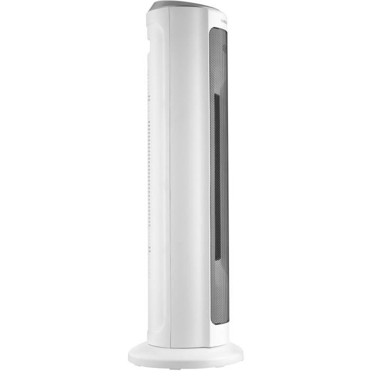 Weißer Turmventilator mit grauem Oberteil, auf weißem Hintergrund.