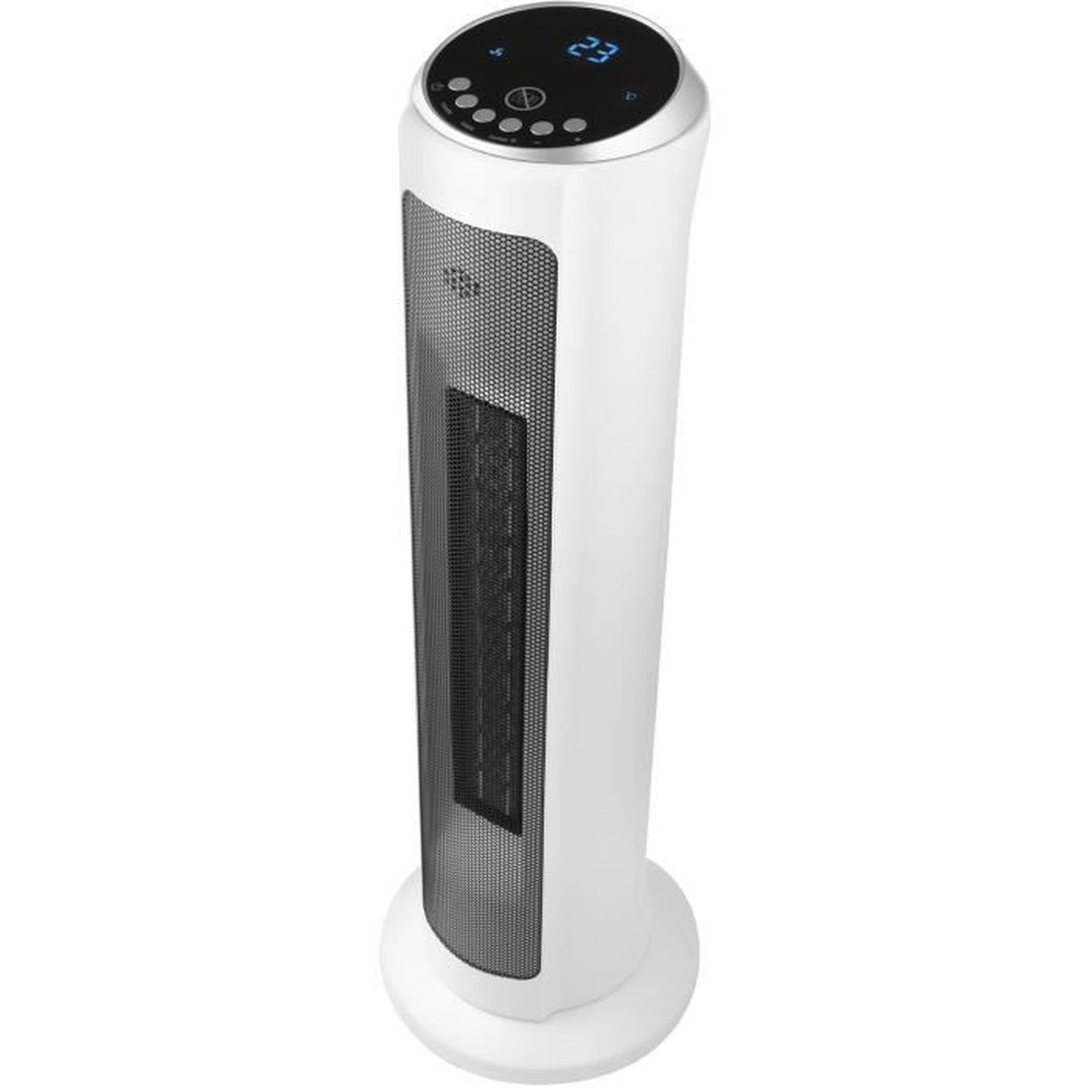 Ein weißer Turmventilator mit schwarzem Gitter und digitaler Anzeige.