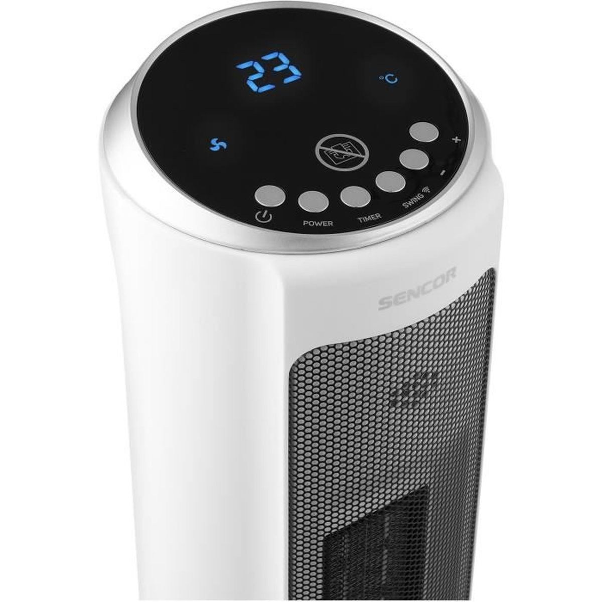 Ein weier Turmheizlter mit digitaler Anzeige, die 23 Grad zeigt.