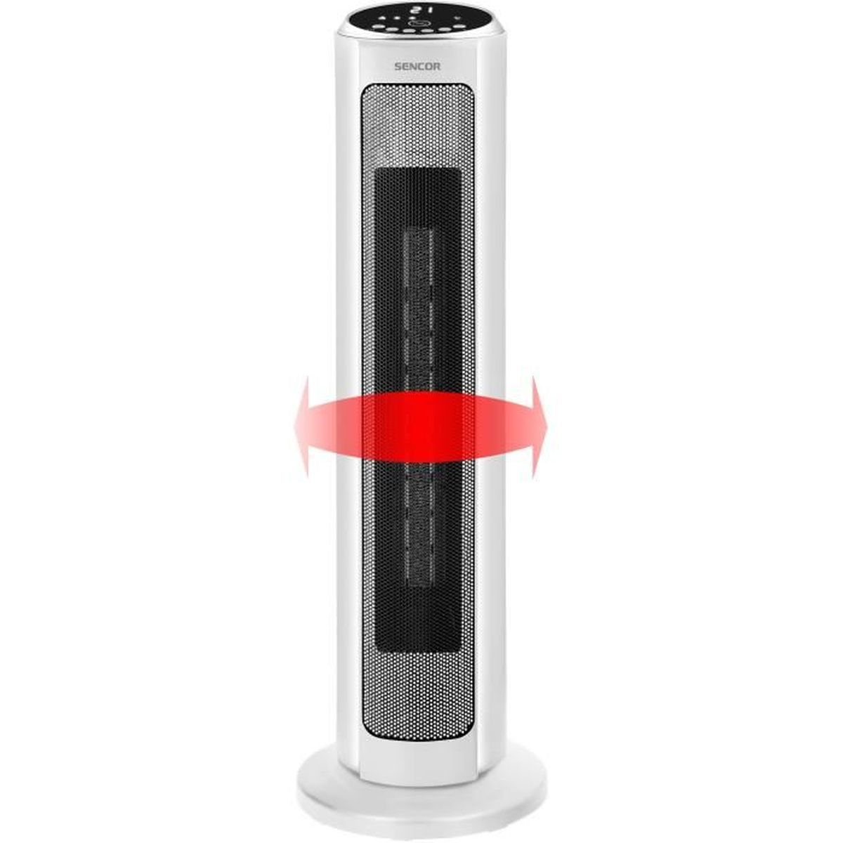 Ein weißer Turmlüfter mit schwarzem Gitter und rotem Schwenkpfeil.