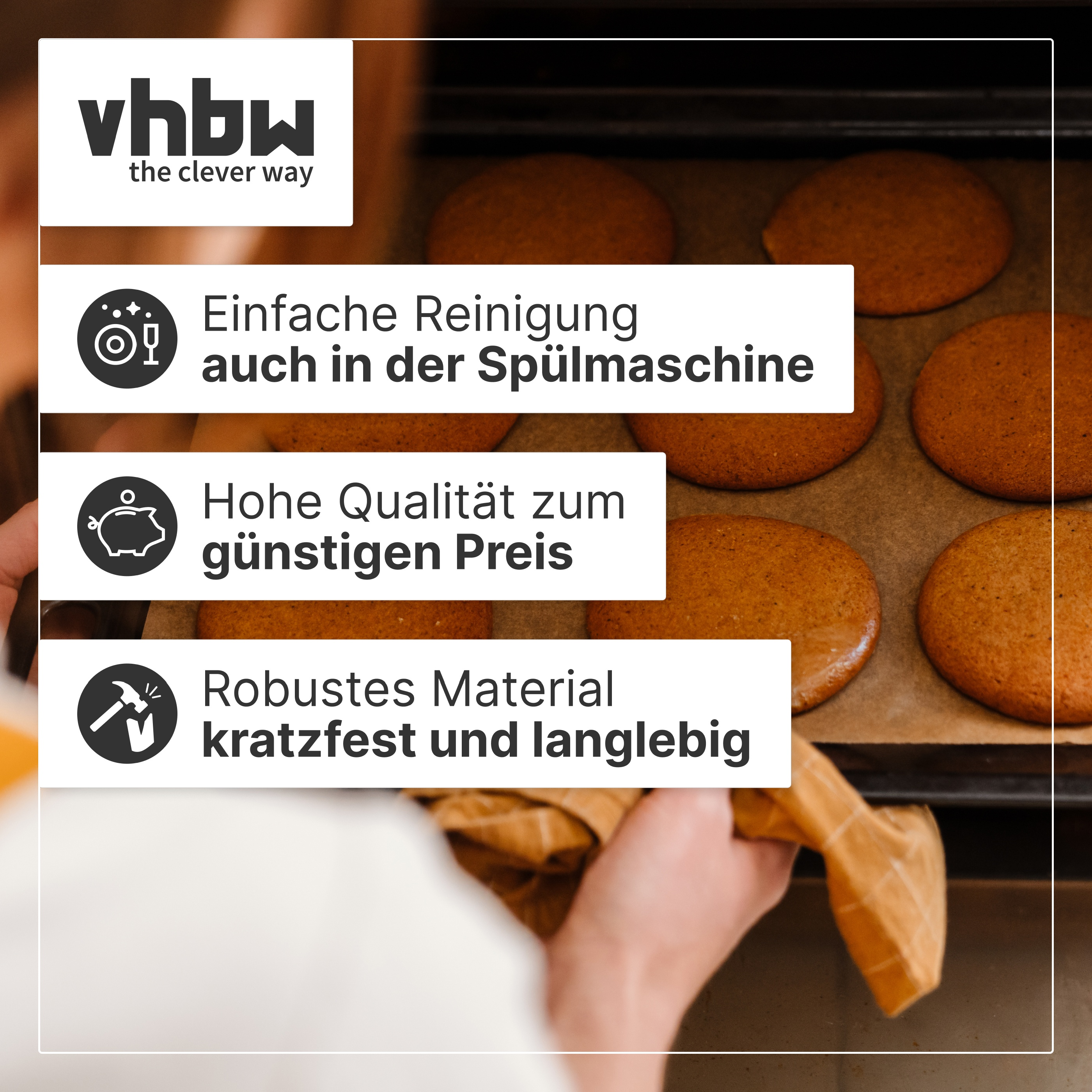 Ein Herd mit Keksen und Text über Reinigung, Qualität und Material.
