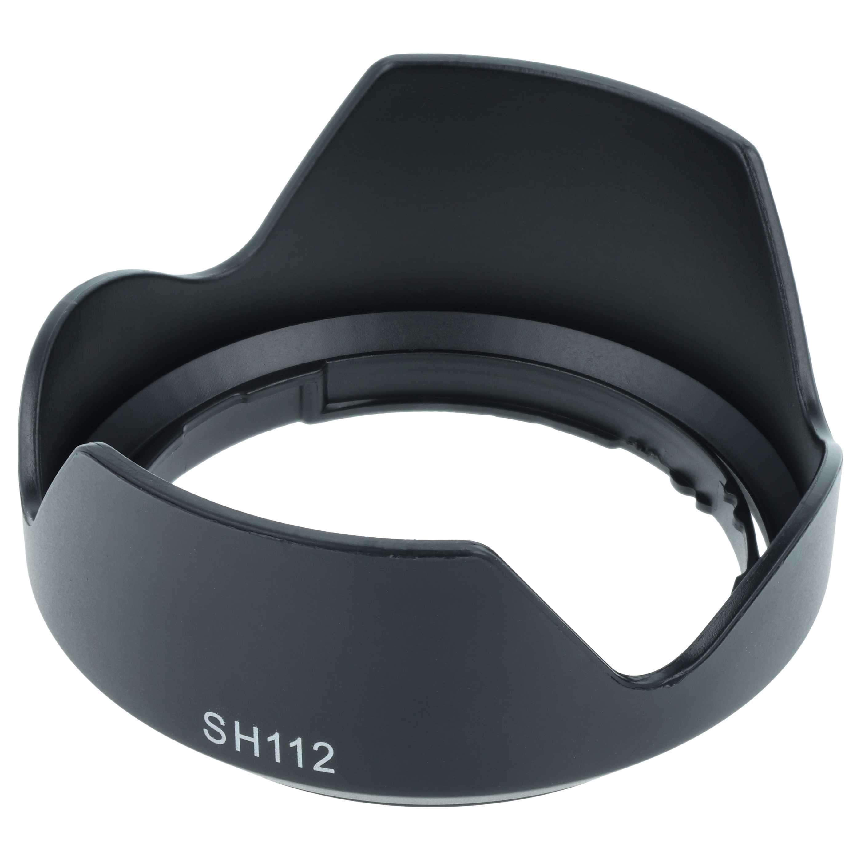 Schwarze Objektivhaube mit der Aufschrift "SH112" auf weißem Hintergrund.