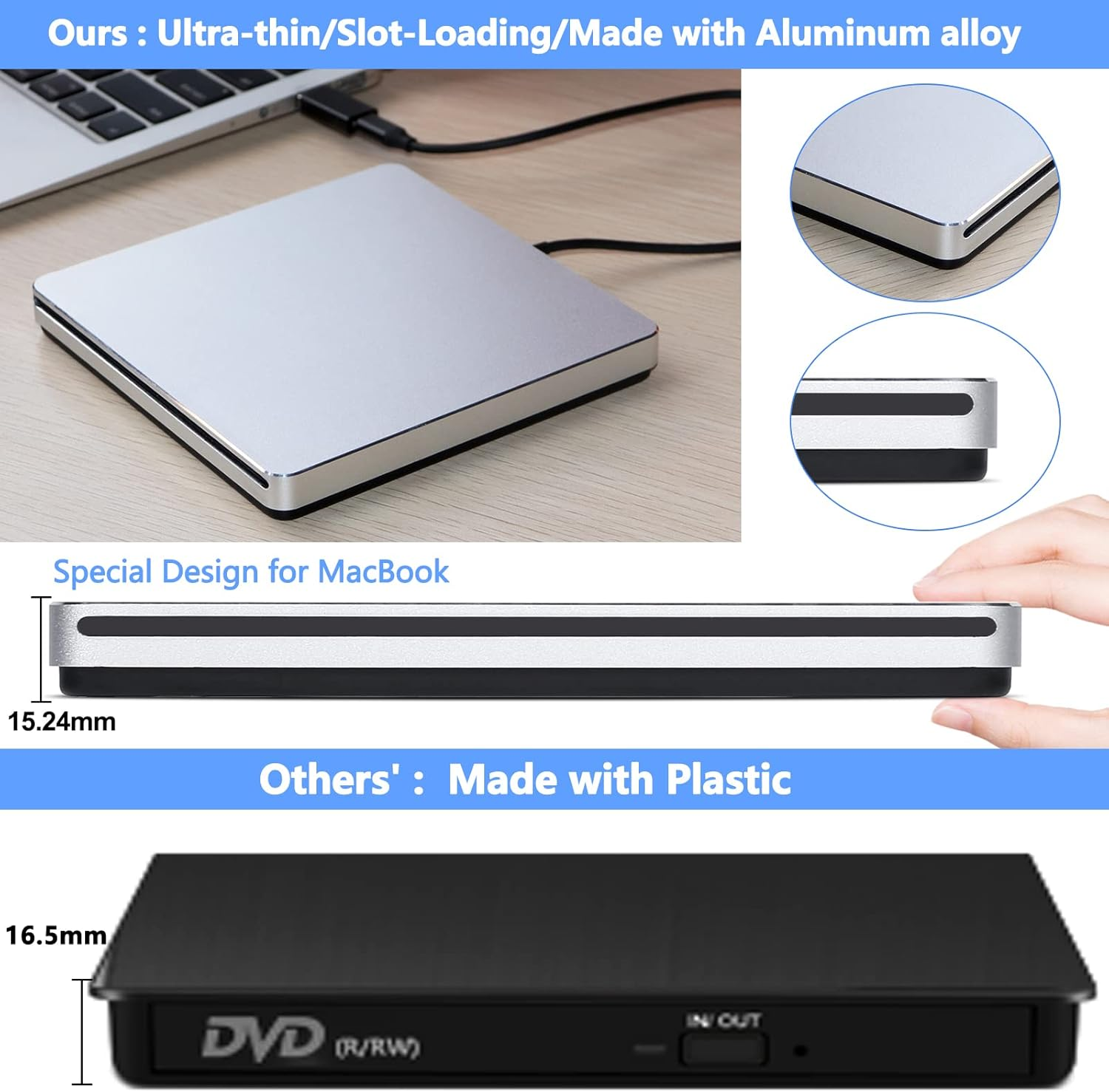 Silbernes externes DVD-Laufwerk aus Aluminiumlegierung, 15,24 mm dünn, neben einem MacBook.
