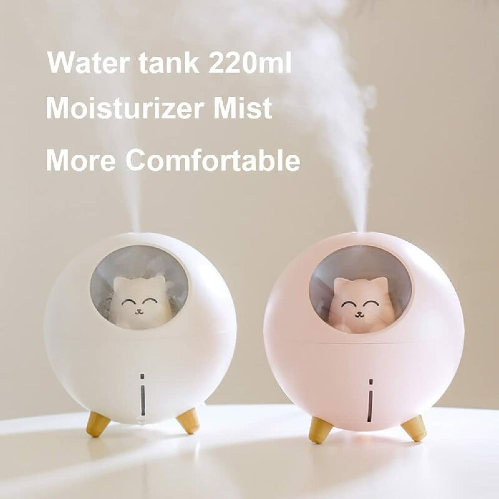 Zwei niedliche Luftbefeuchter mit Katzenmotiv, einer weiß, einer rosa.